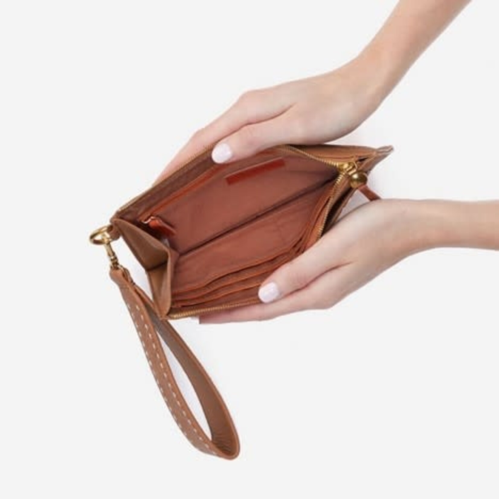 HOBO Hart Pebbled Leather Wristlet in Warm Honey