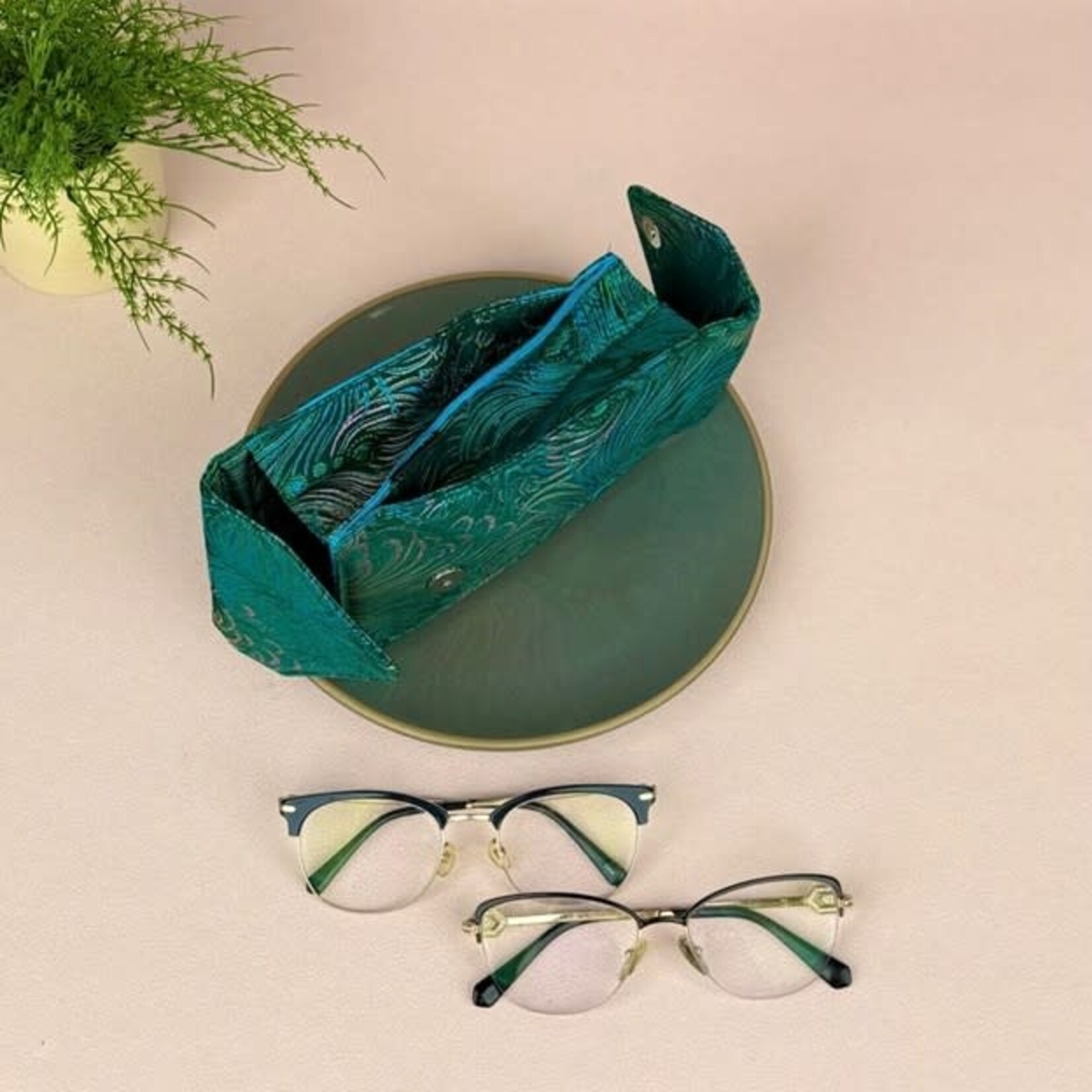 Cathayana Brocade Floral Double Eyeglasses Holder in Teal & Pink