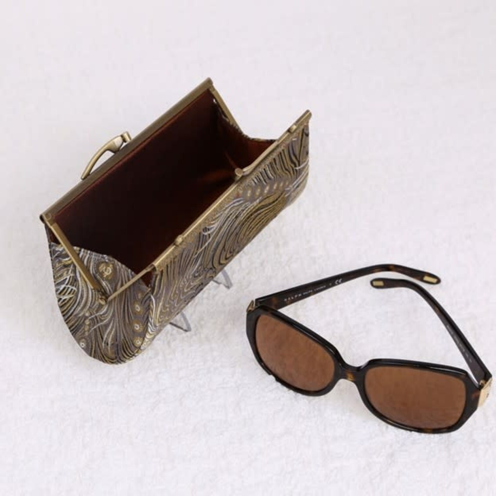 Cathayana Peacock Brocade Eyeglass Case w/ Handsewn Kiss Clasp Closure in Gray & Yellow