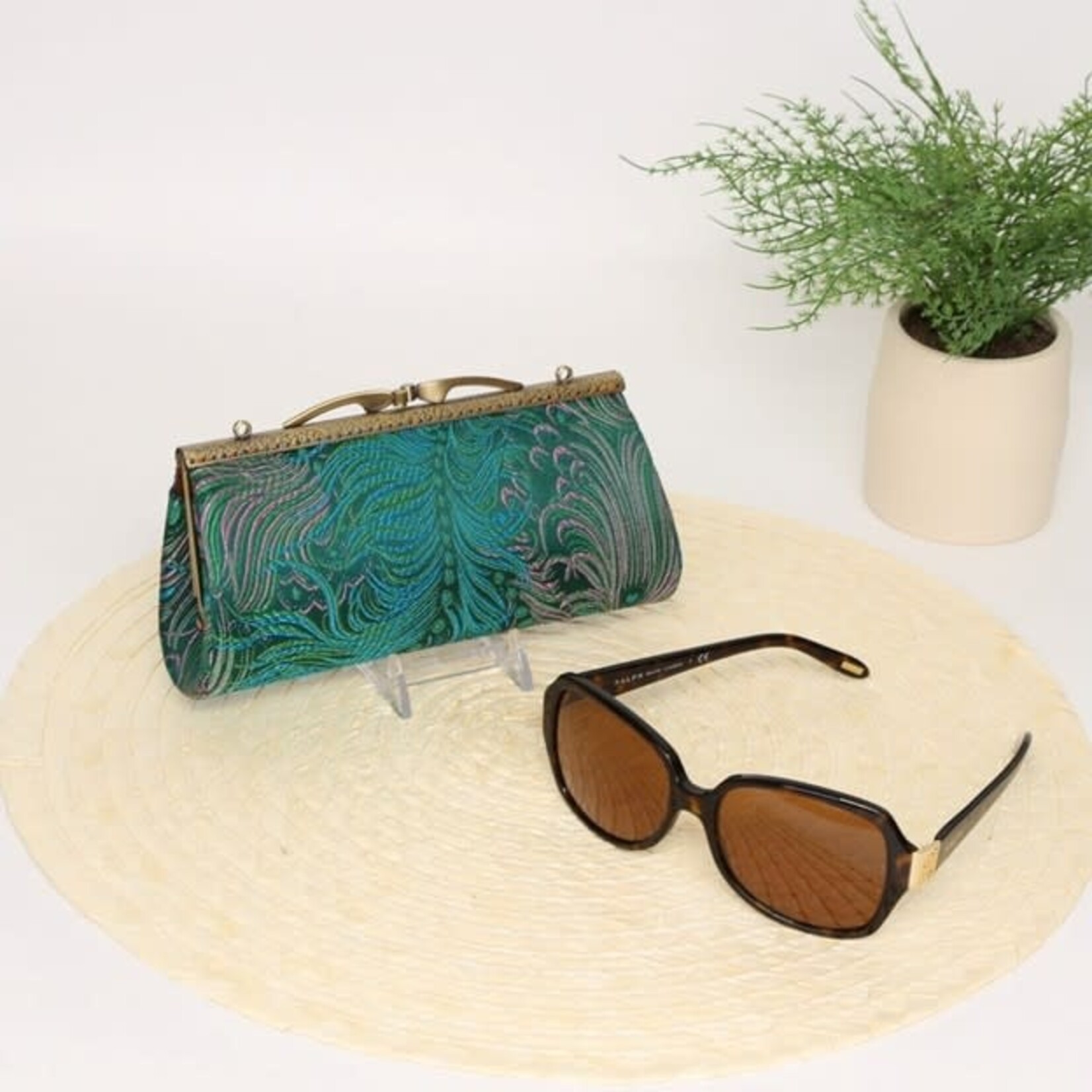 Cathayana Brocade Peacock Eyeglass Case w/ Handsewn Kiss Clasp Closure in Teal & Pink
