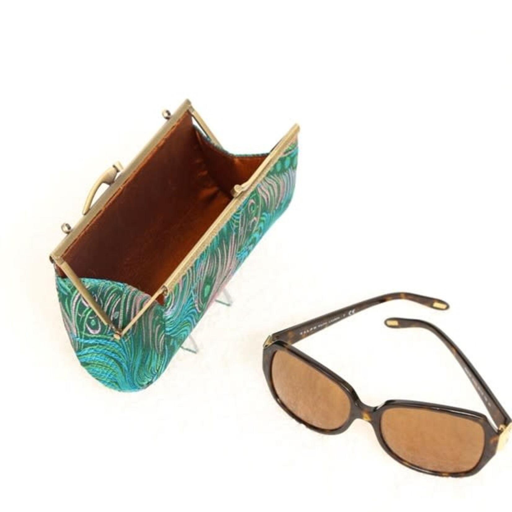 Cathayana Brocade Peacock Eyeglass Case w/ Handsewn Kiss Clasp Closure in Teal & Pink