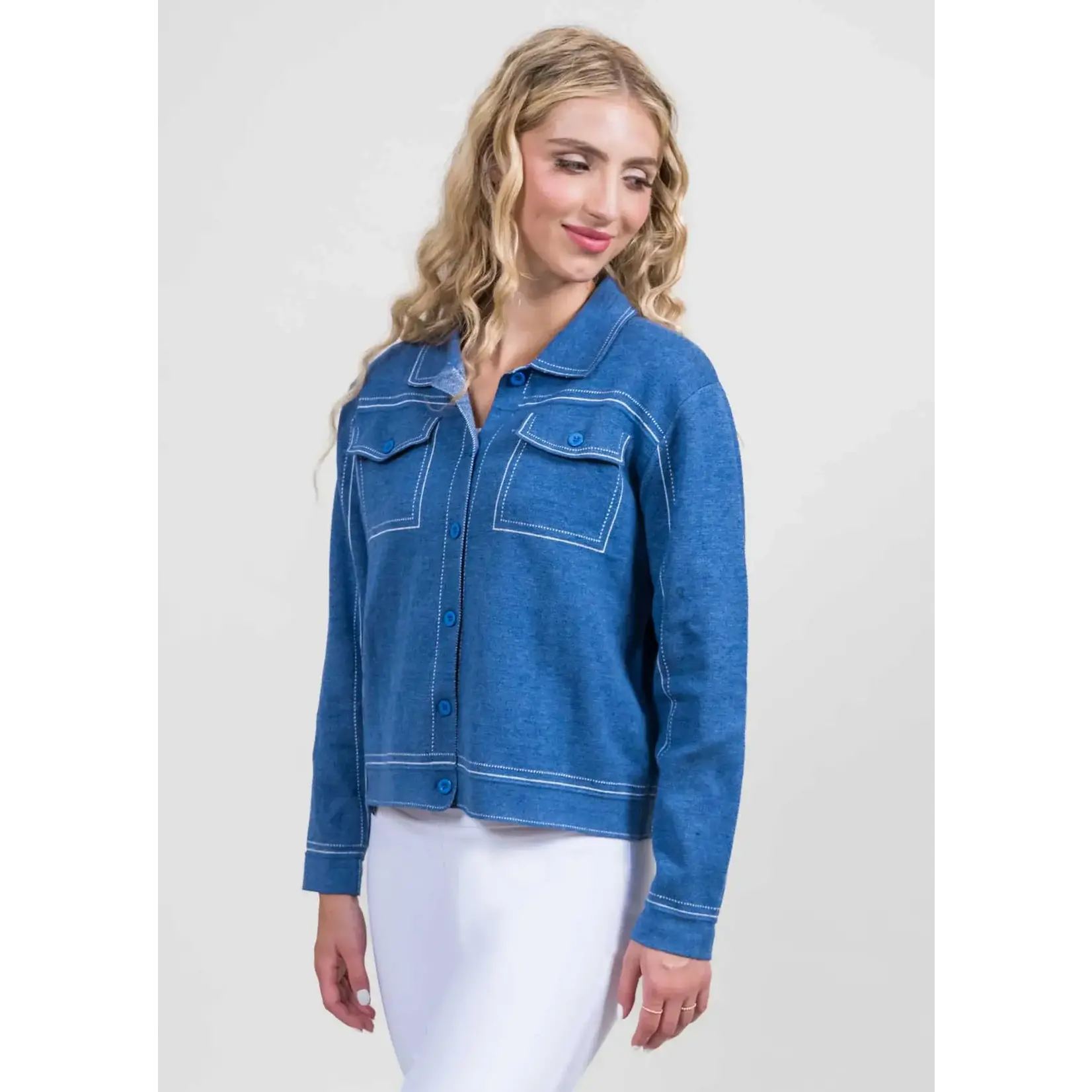 Trisha Tyler Knit Jacket w/Pockets in Denim Blue