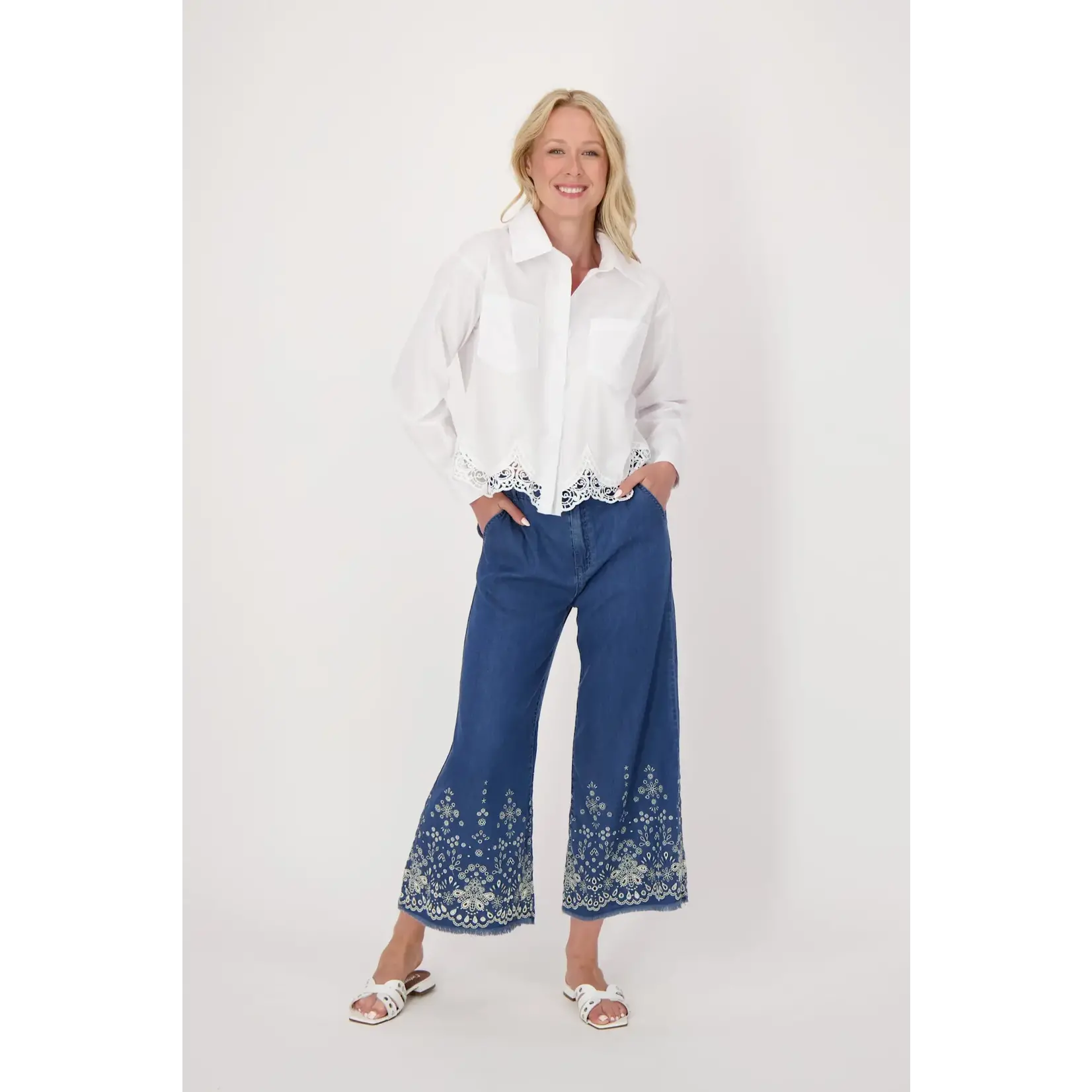 Floral Eyelet Hem Denim Pant