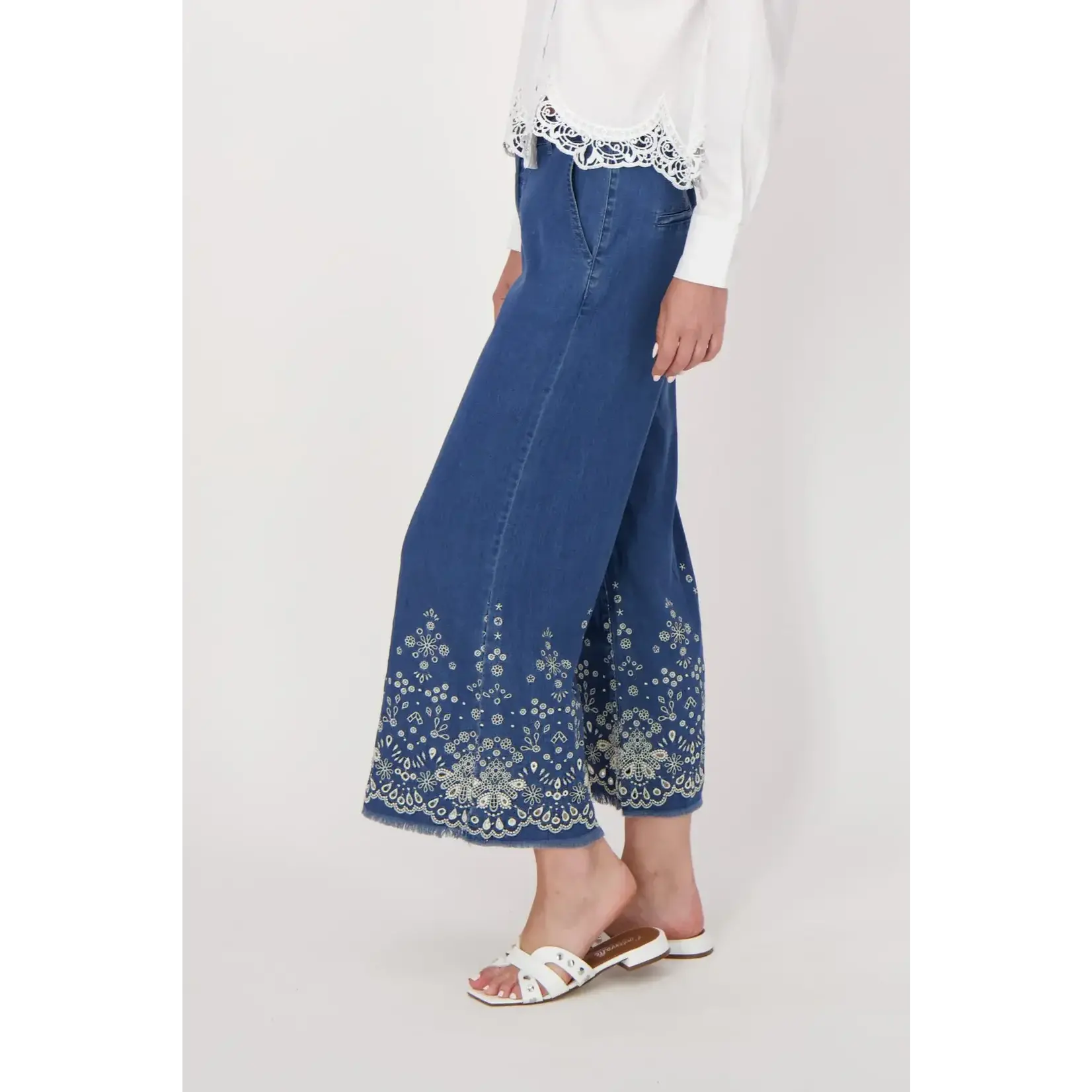 Floral Eyelet Hem Denim Pant