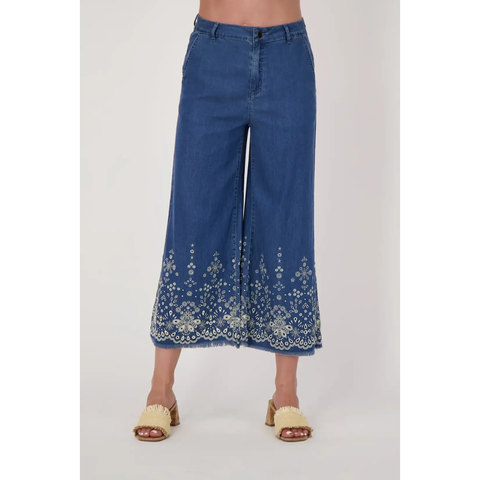 Floral Eyelet Hem Denim Pant