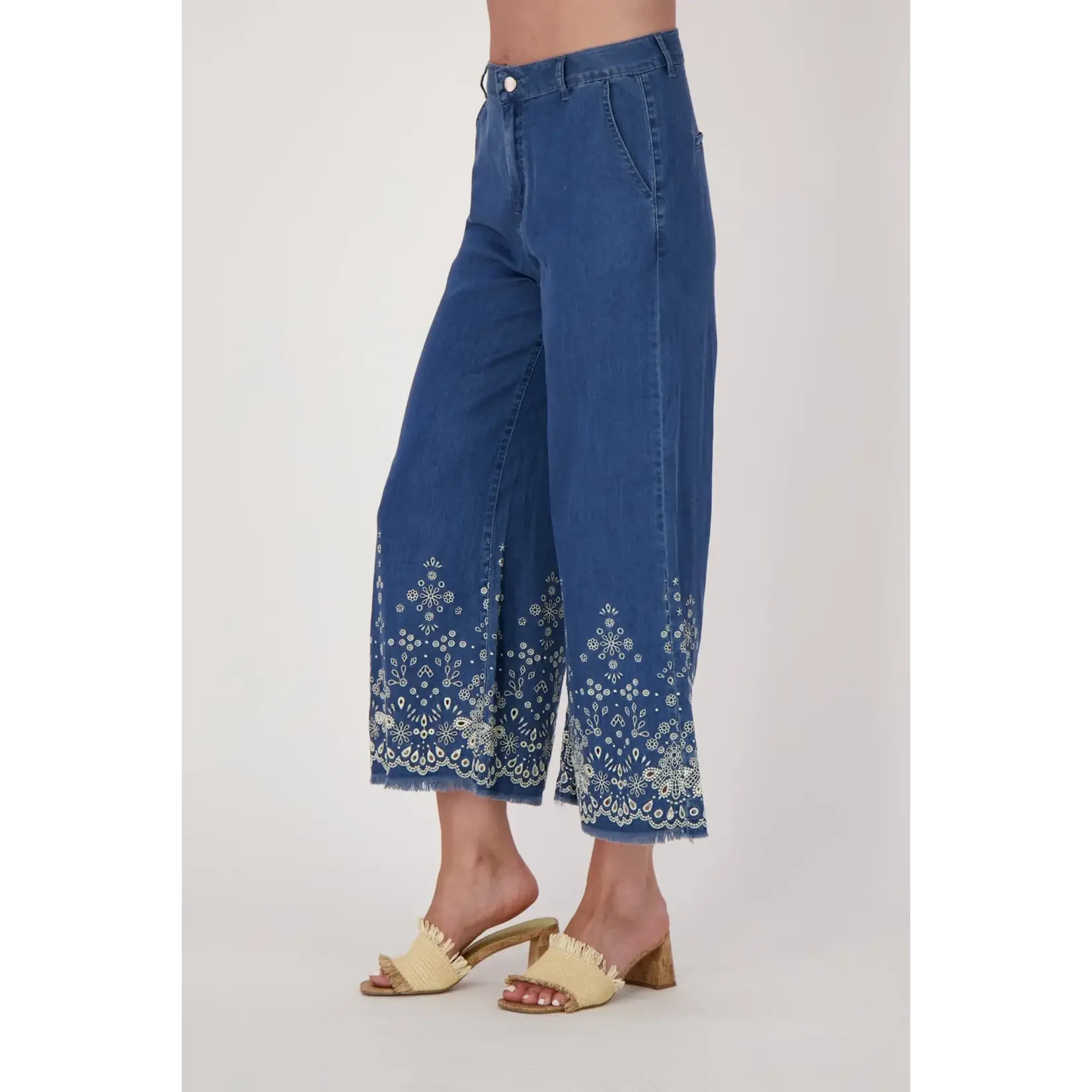 Floral Eyelet Hem Denim Pant