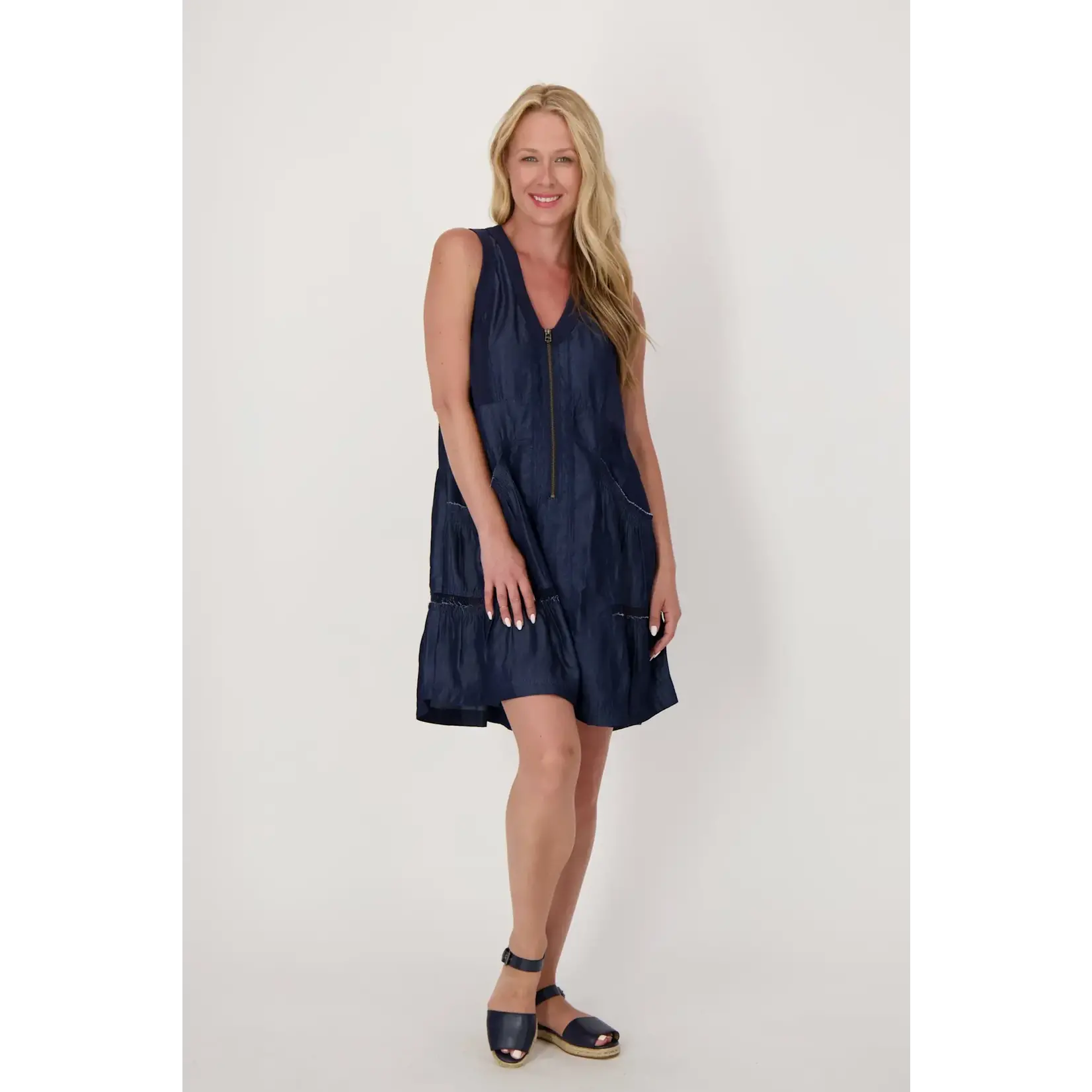 Tiered Short Zip Front V-Neck Dress in Denim