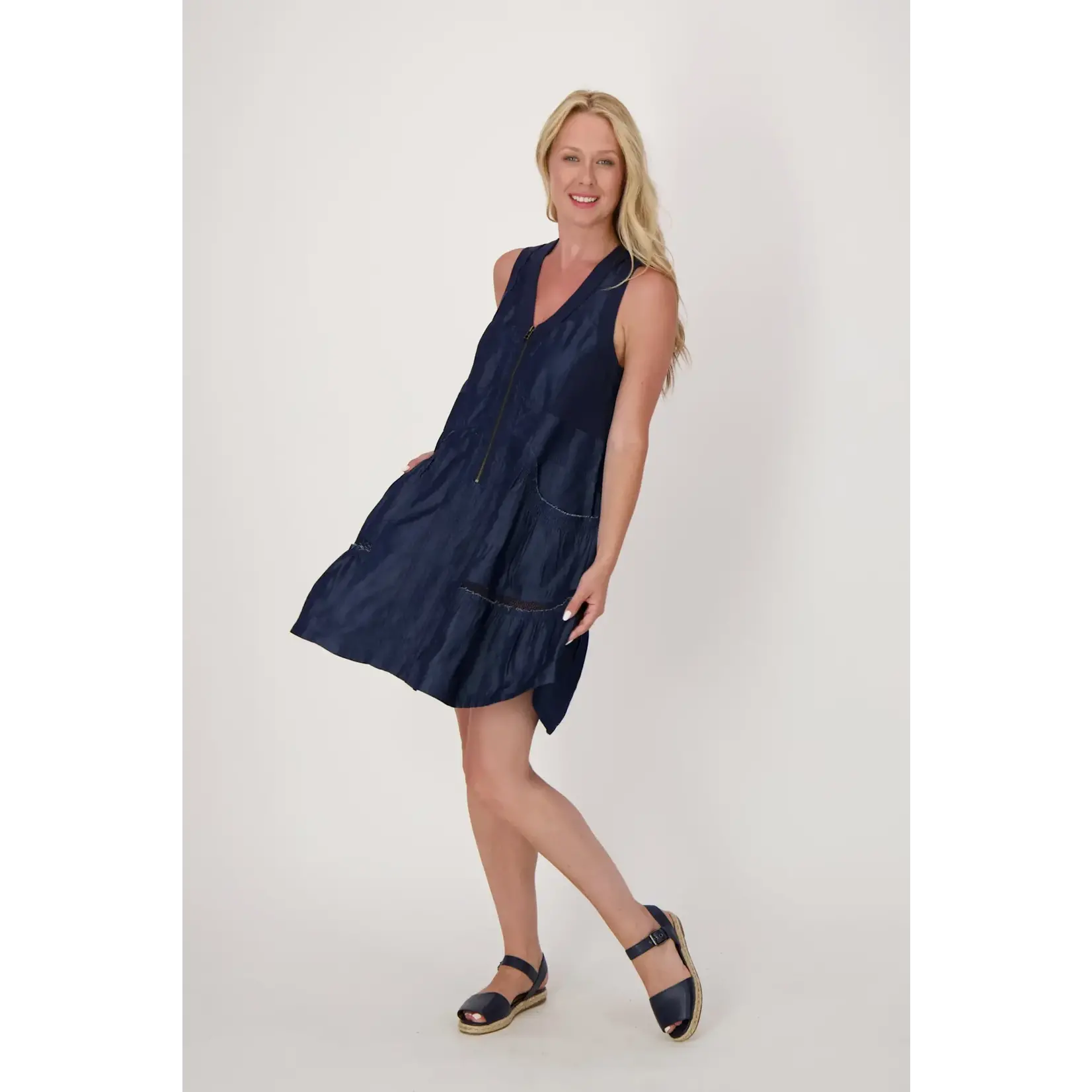 Tiered Short Zip Front V-Neck Dress in Denim