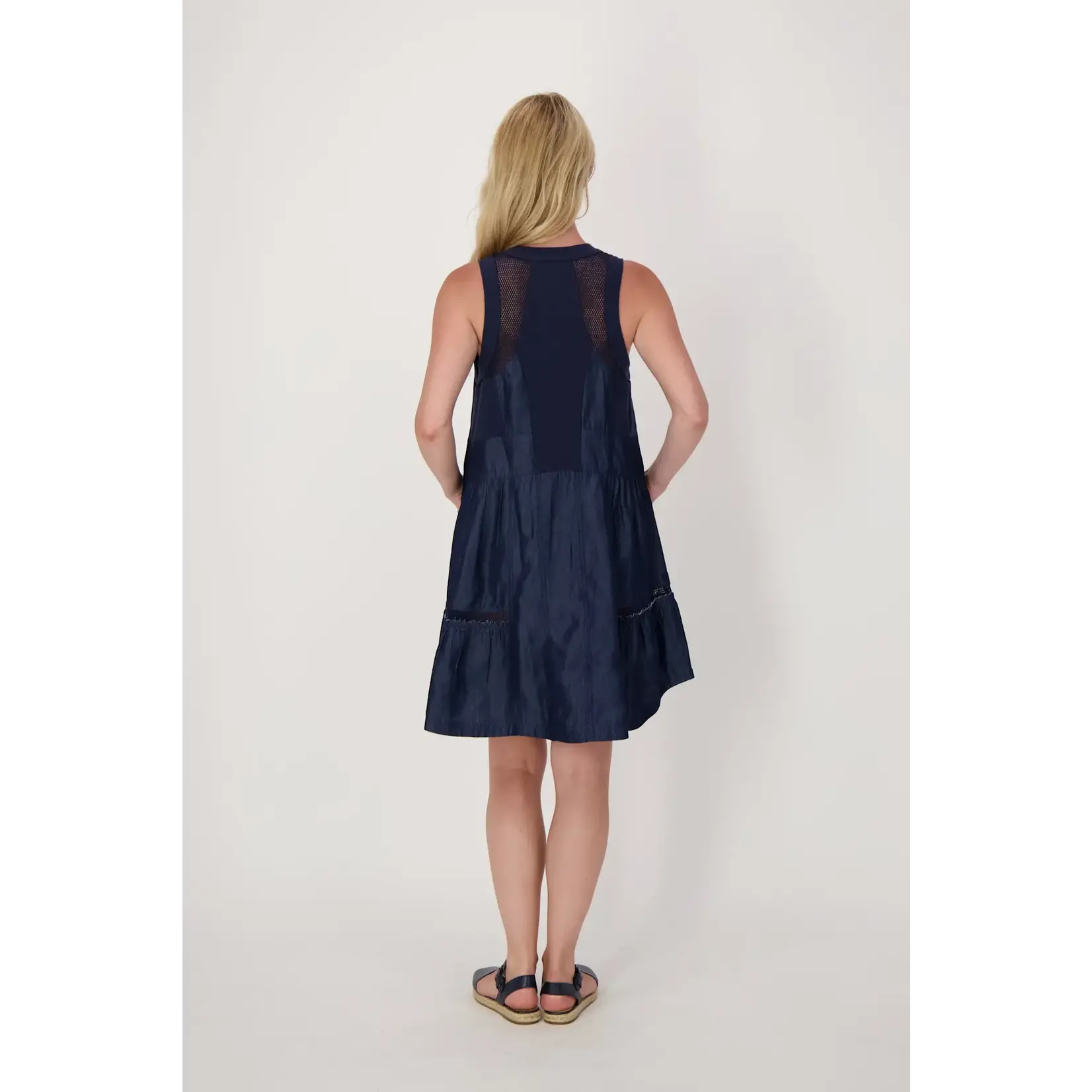 Tiered Short Zip Front V-Neck Dress in Denim