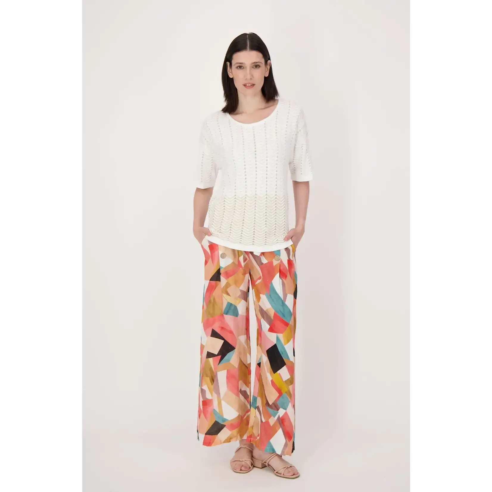Linen Geo Printed Wide Leg Belted Pants