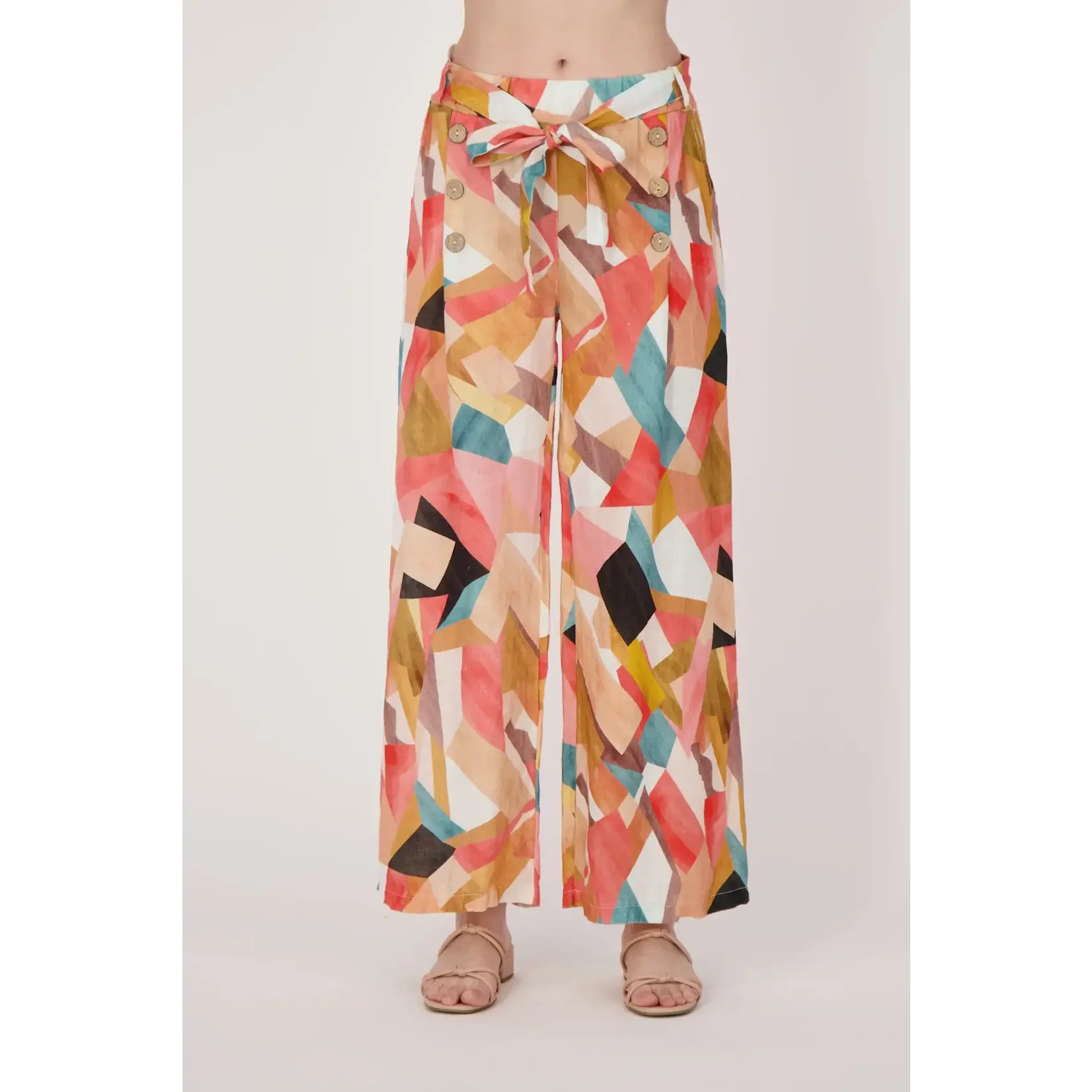 Linen Geo Printed Wide Leg Belted Pants