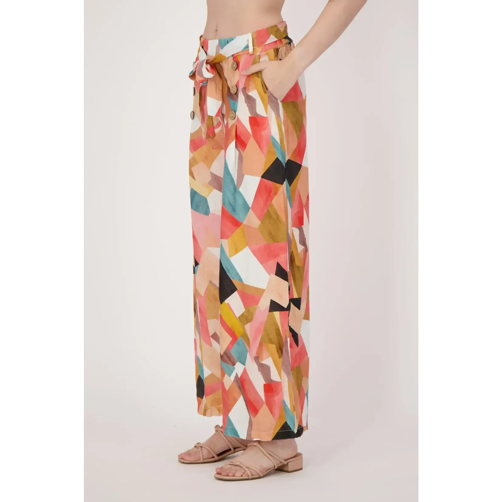 Linen Geo Printed Wide Leg Belted Pants