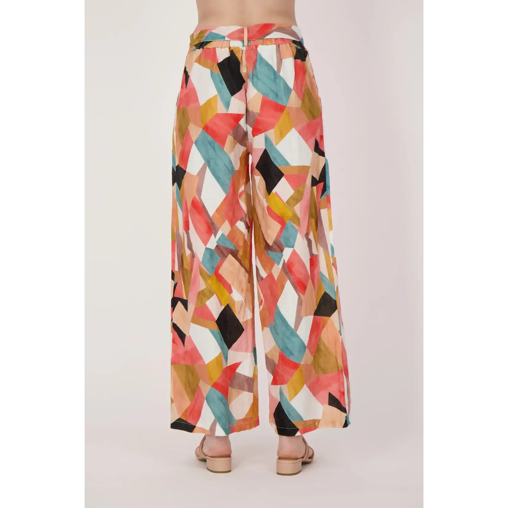 Linen Geo Printed Wide Leg Belted Pants
