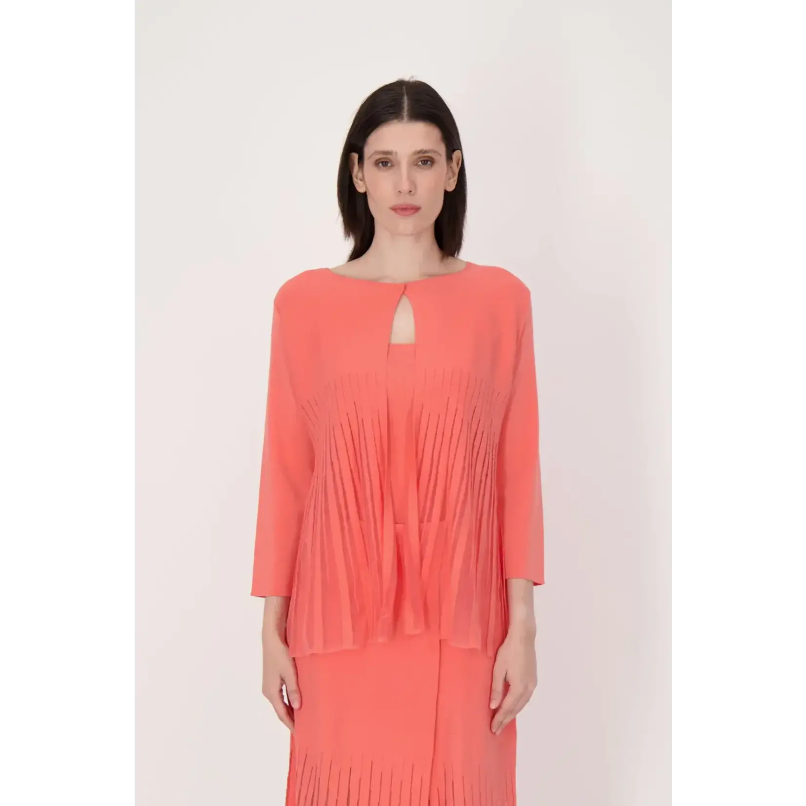 Lattice Stitched Hem Cardigan With Tank in Coral