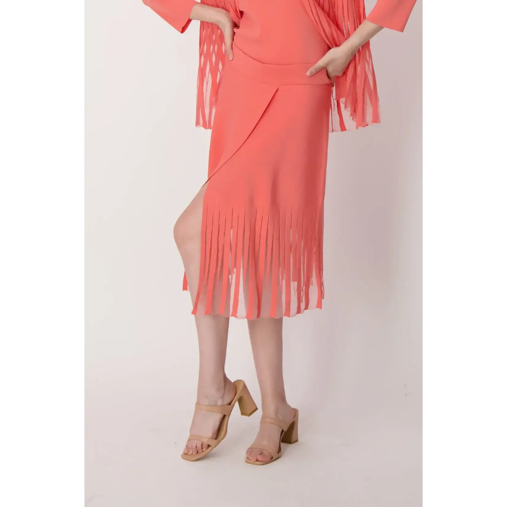 Lattice Stitched Hem Layered Skirt in Coral