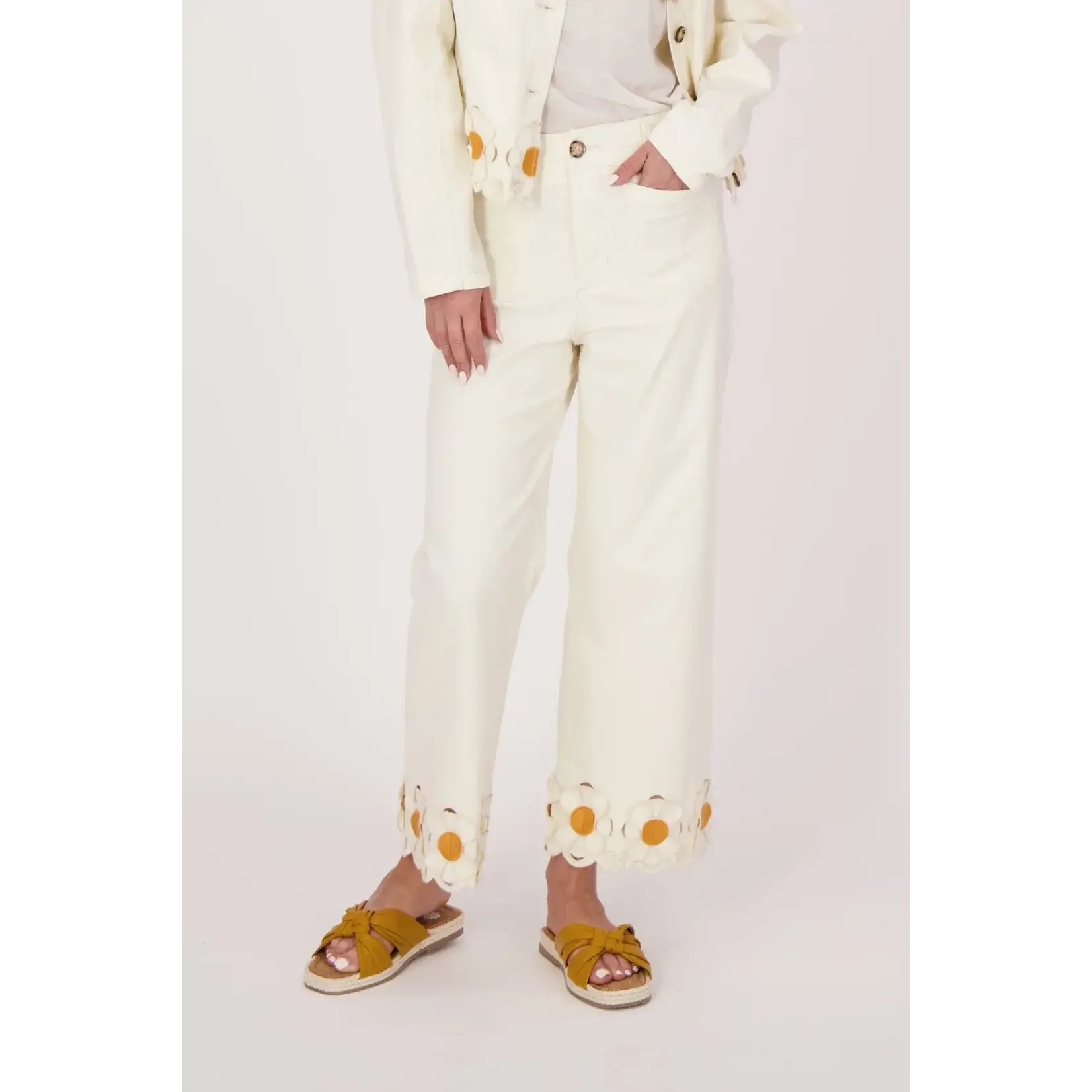 Orange Center Flower Hem Woven Beige Pant