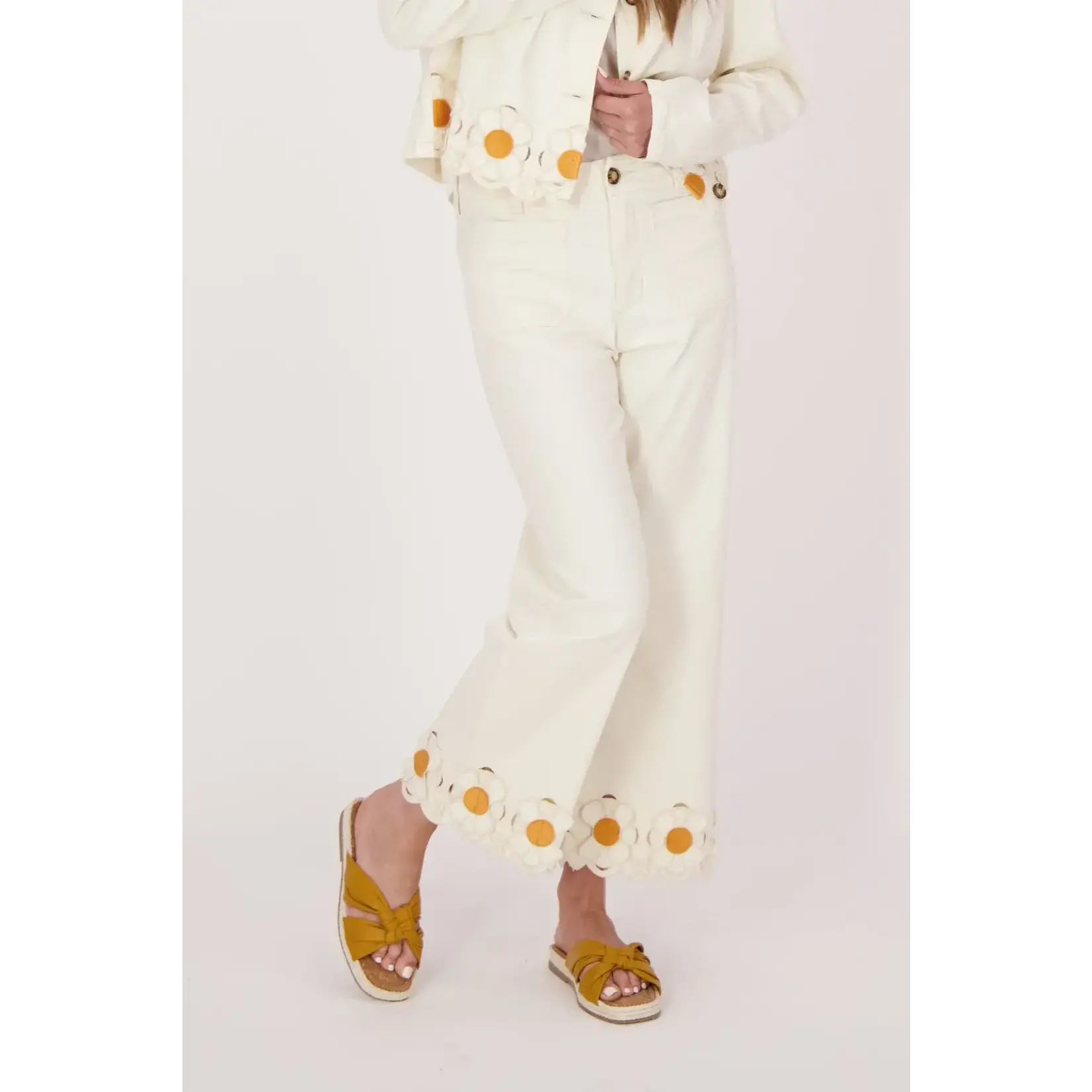 Orange Center Flower Hem Woven Beige Pant