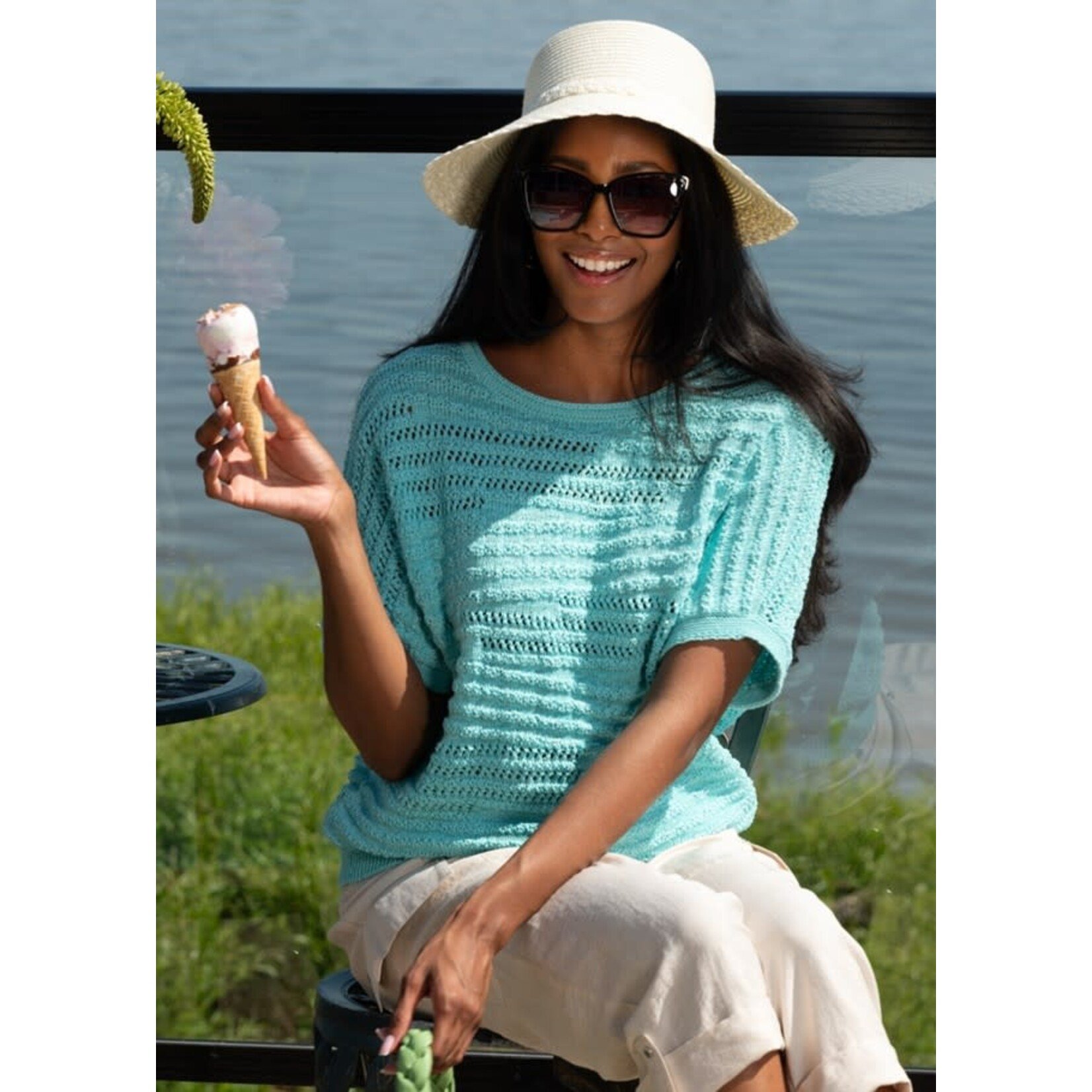 Alison Sheri Short-Sleeve Knit Sweater in Aqua