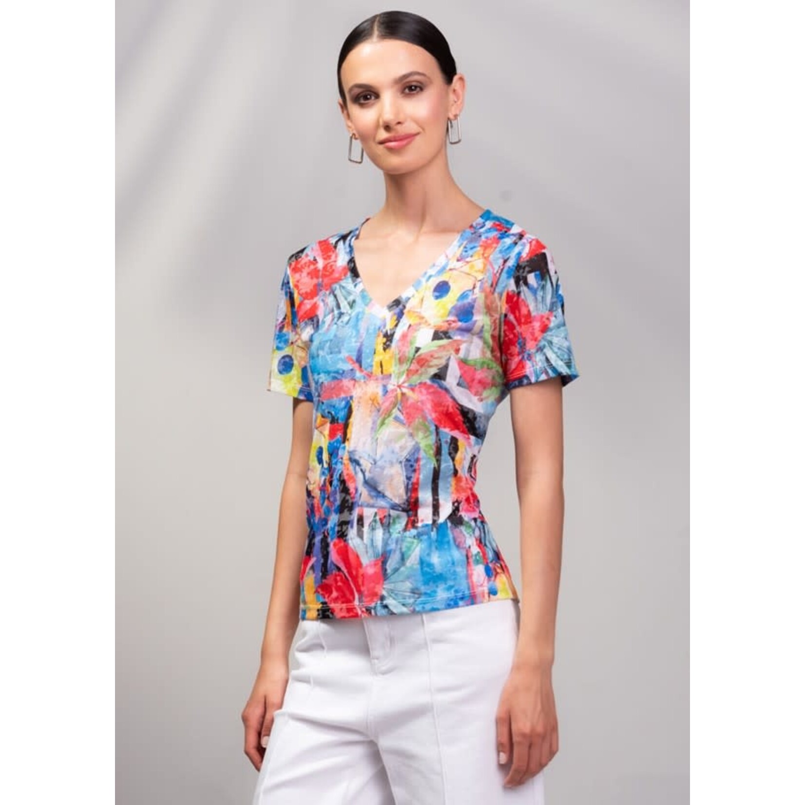 Alison Sheri Leafy Short Slv V-Neck Tee in Multi