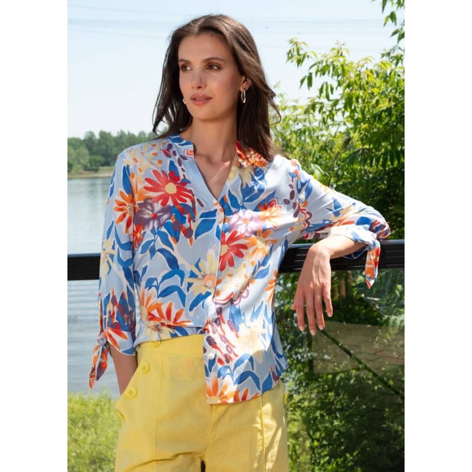 Alison Sheri Floral on Blue V-Neck Blouse w/ Tie Sleeves