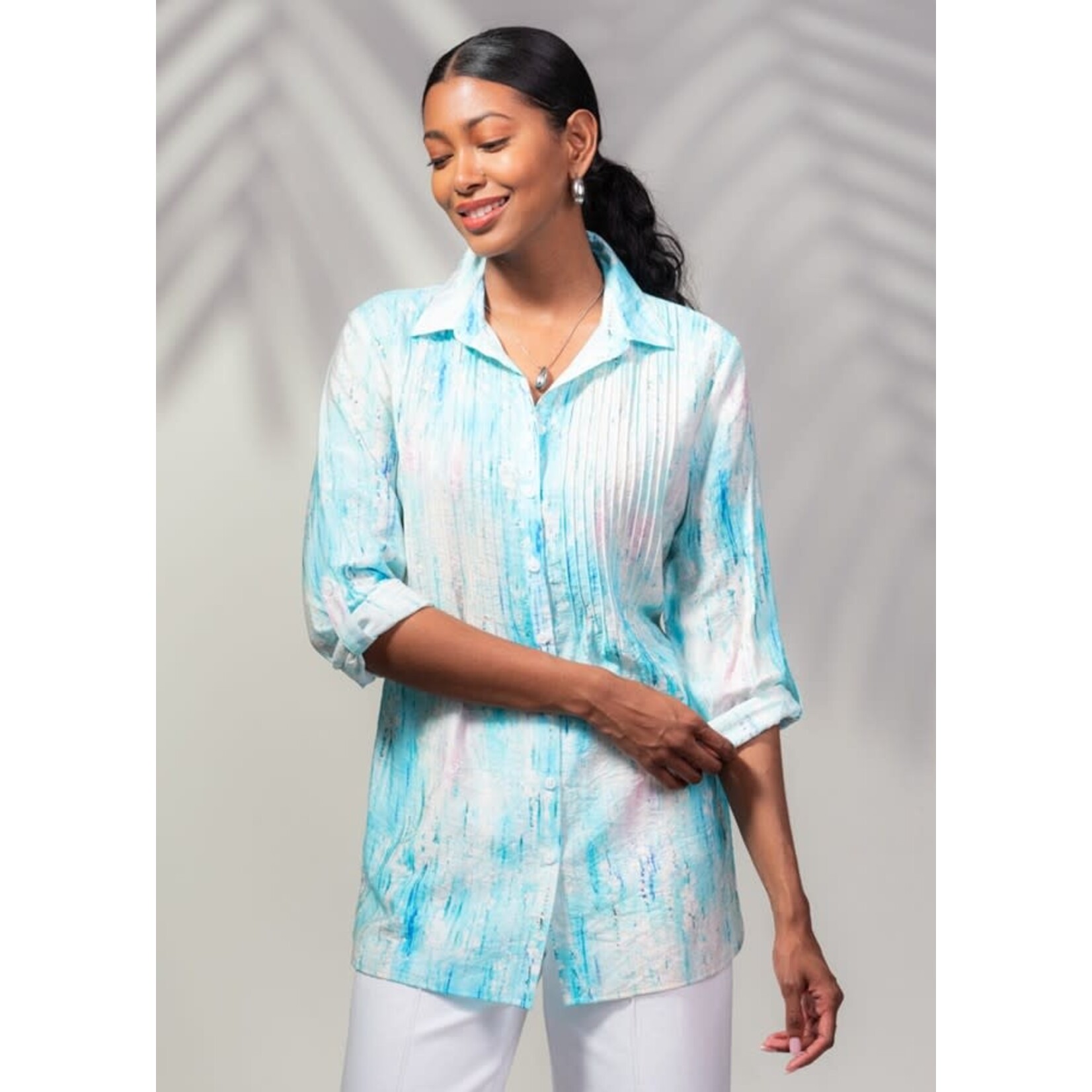 Alison Sheri Pintuck Tunic Blouse in Turquoise/White