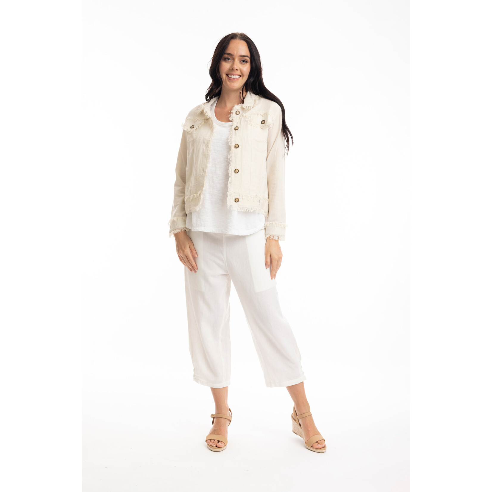 Orientique Linen Frayed Edge Crop Jacket in Sand