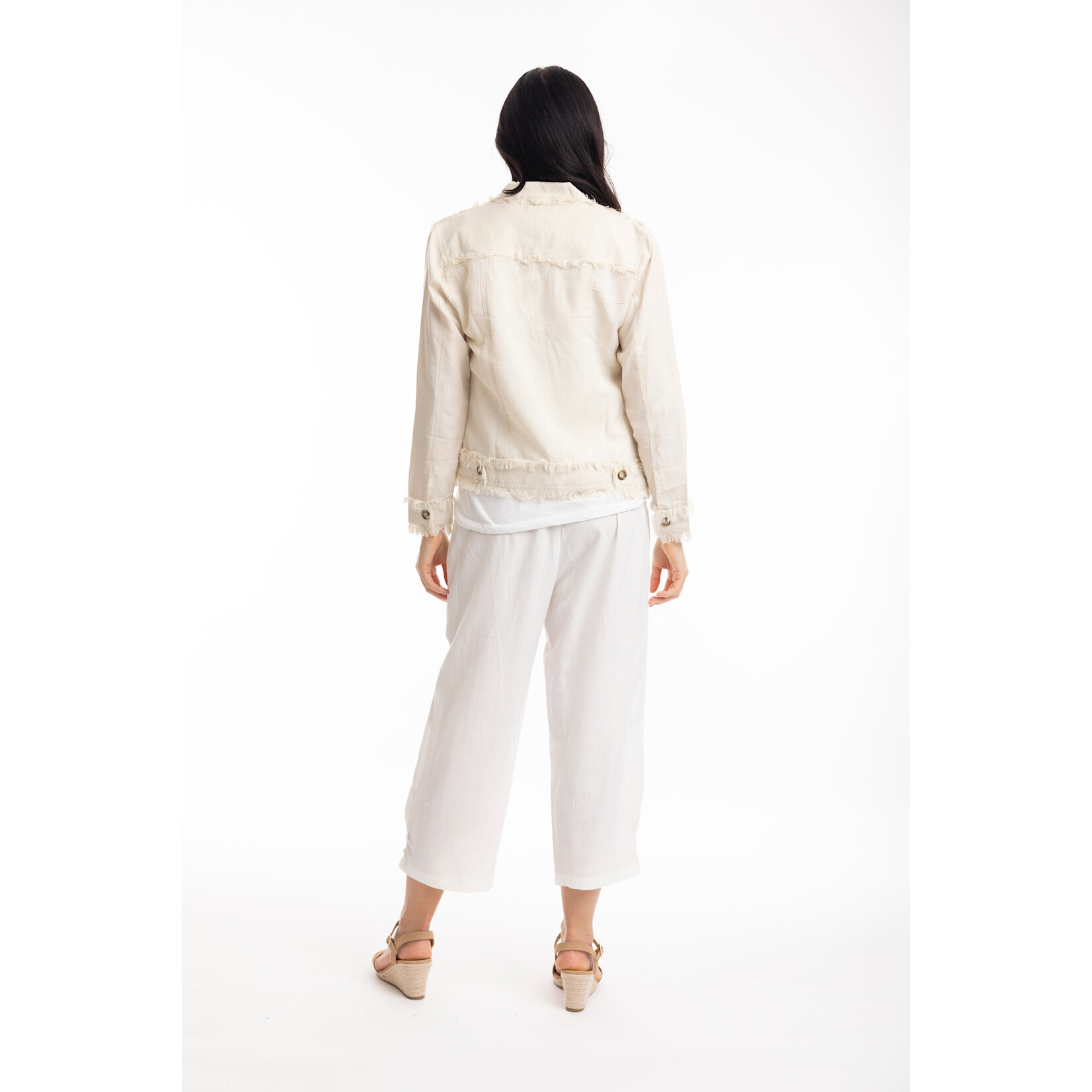 Orientique Linen Frayed Edge Crop Jacket in Sand