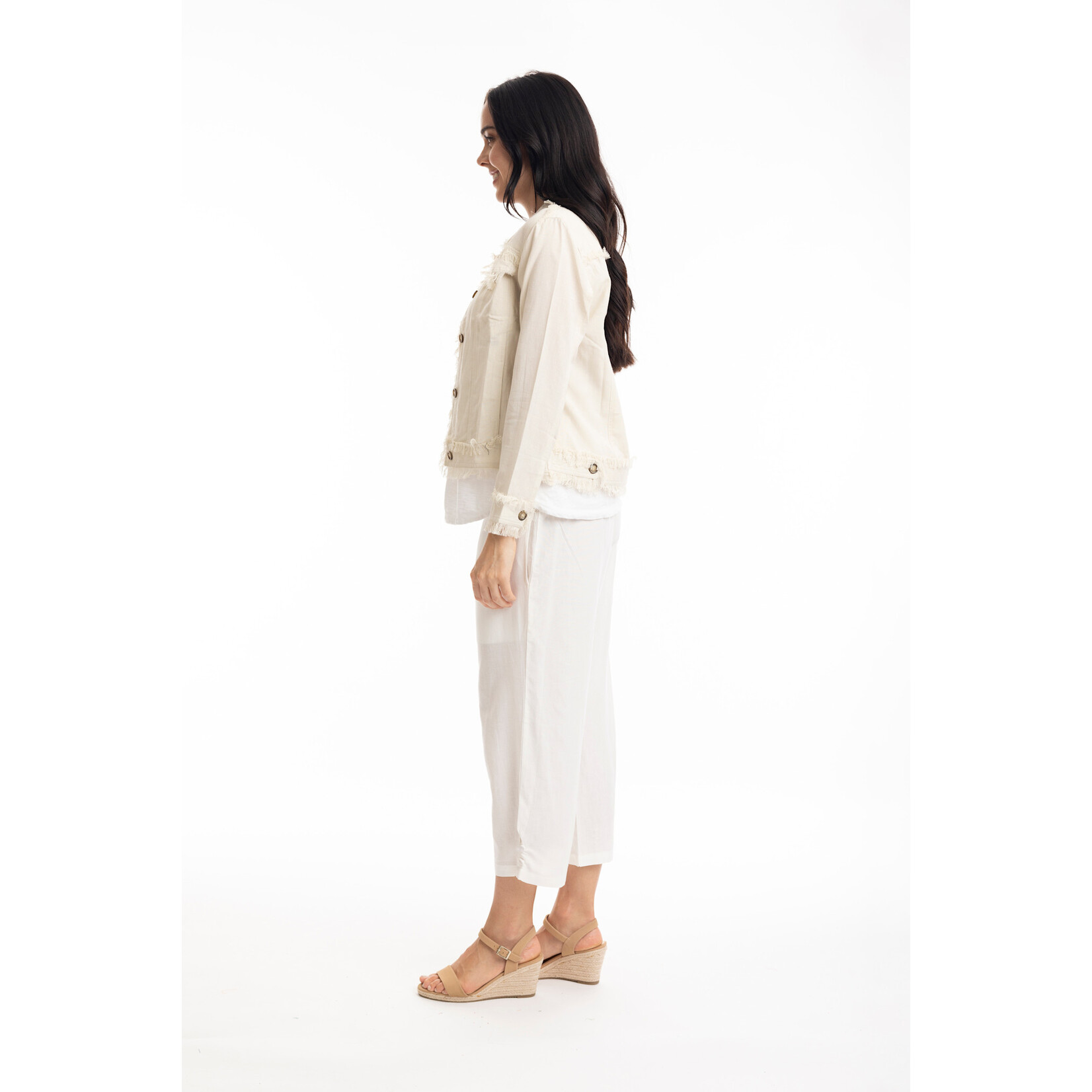Orientique Linen Frayed Edge Crop Jacket in Sand