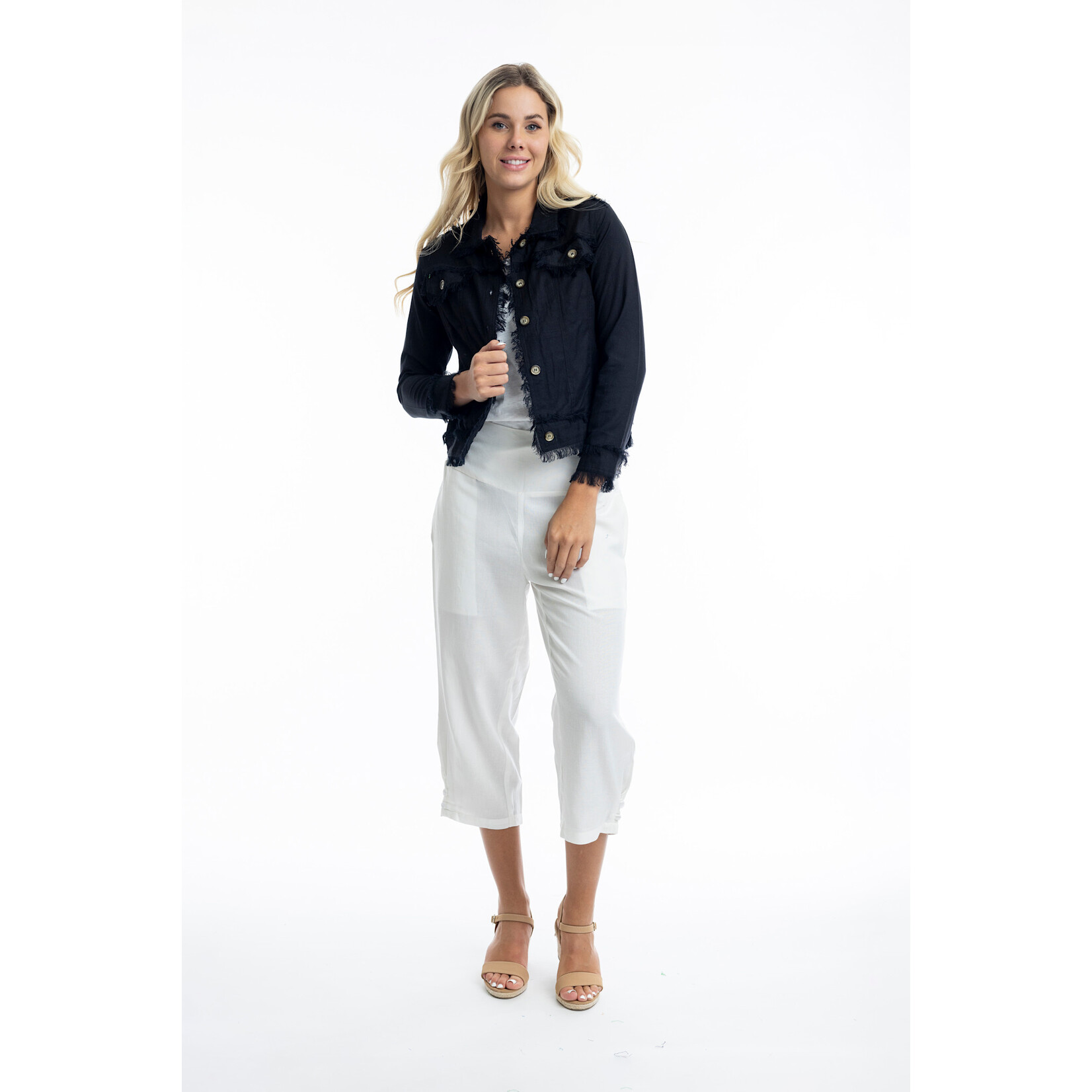 Orientique Linen Frayed Edge Crop Jacket in Black