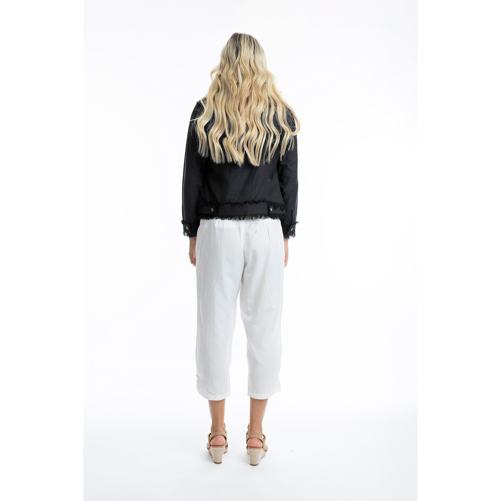 Orientique Linen Frayed Edge Crop Jacket in Black