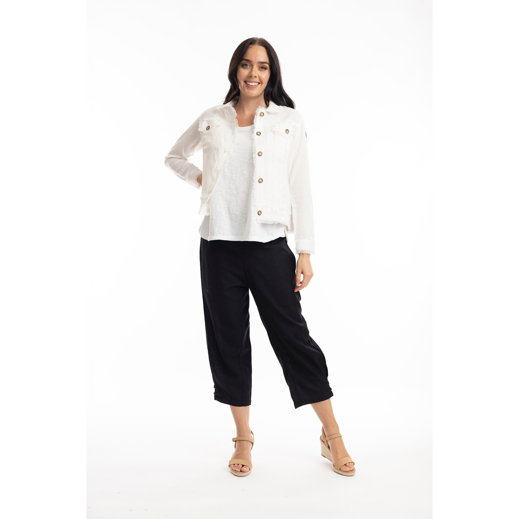 Orientique Linen Frayed Edge Crop Jacket in White