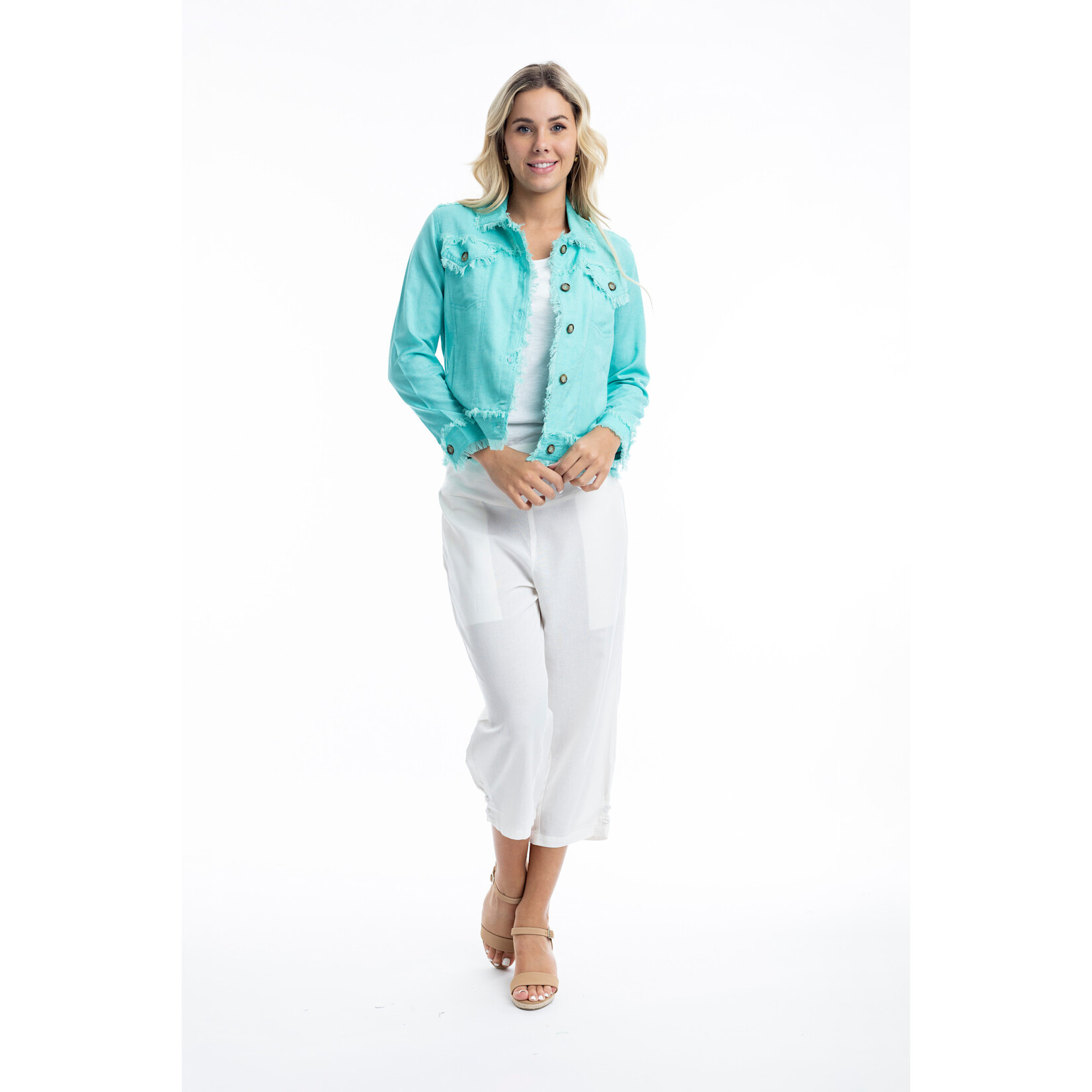 Orientique Linen Frayed Edge Crop Jacket in Aqua