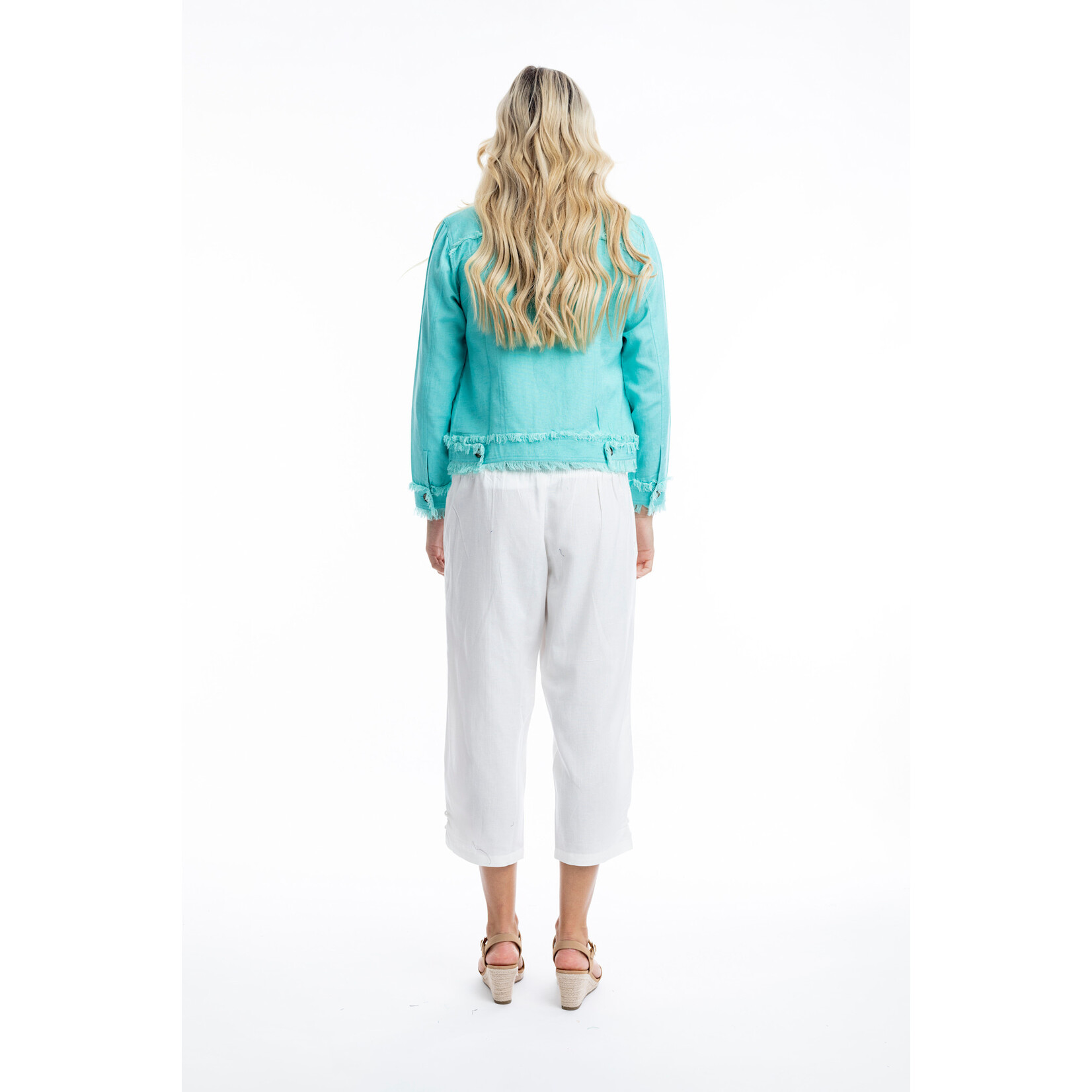 Orientique Linen Frayed Edge Crop Jacket in Aqua