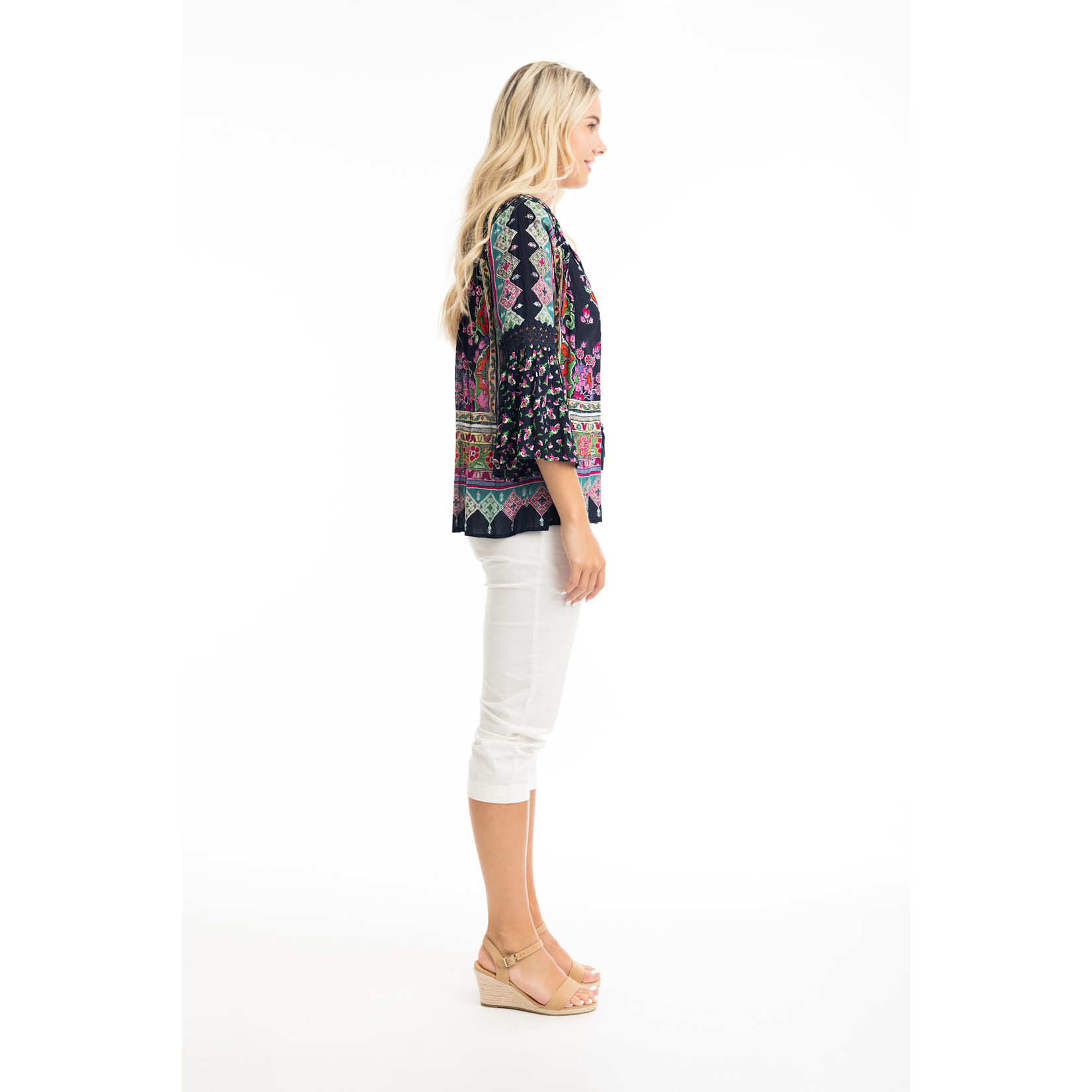 Orientique Boho Tapestry Tie Neck 3/4 Slv Blouse