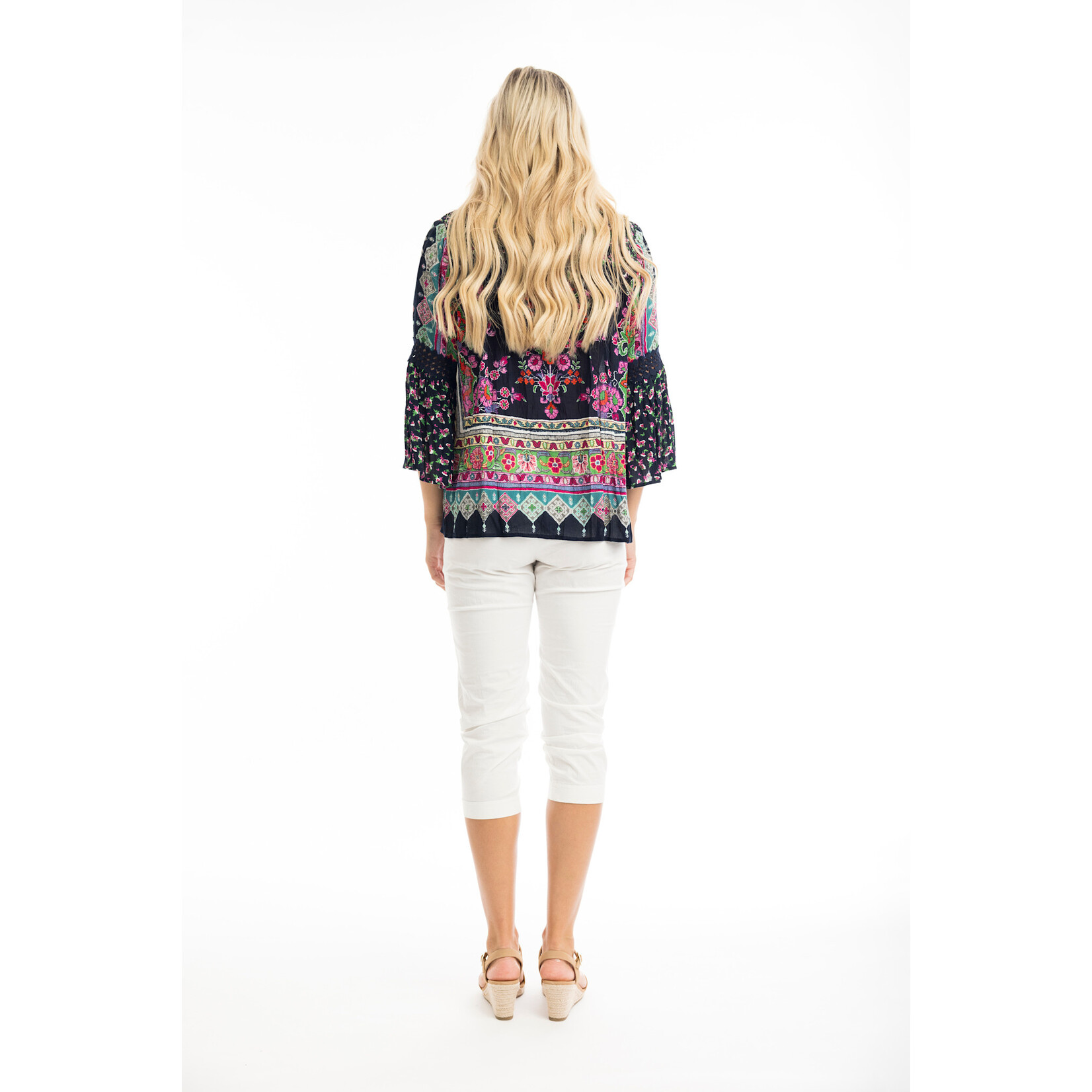 Orientique Boho Tapestry Tie Neck 3/4 Slv Blouse