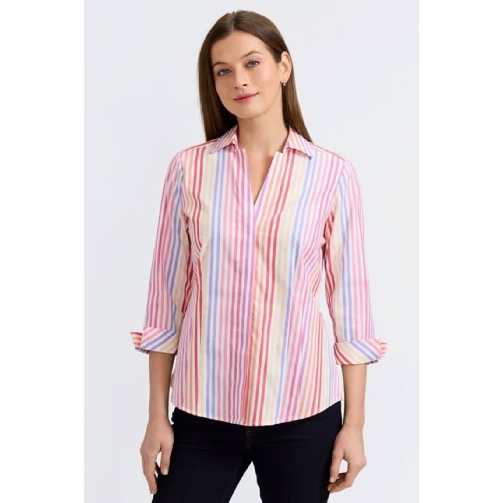 Foxcroft Taylor Pinpoint Ombré Stripe 3/4 Sleeve Shirt in Pink Multi
