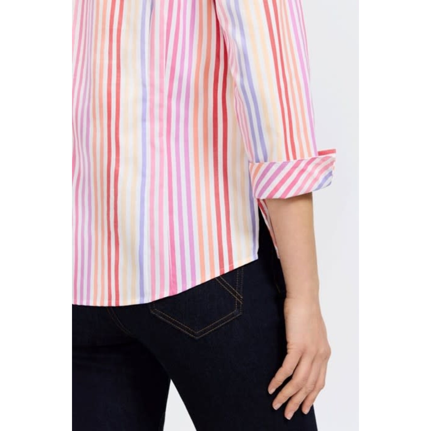 Foxcroft Taylor Pinpoint Ombré Stripe 3/4 Sleeve Shirt in Pink Multi