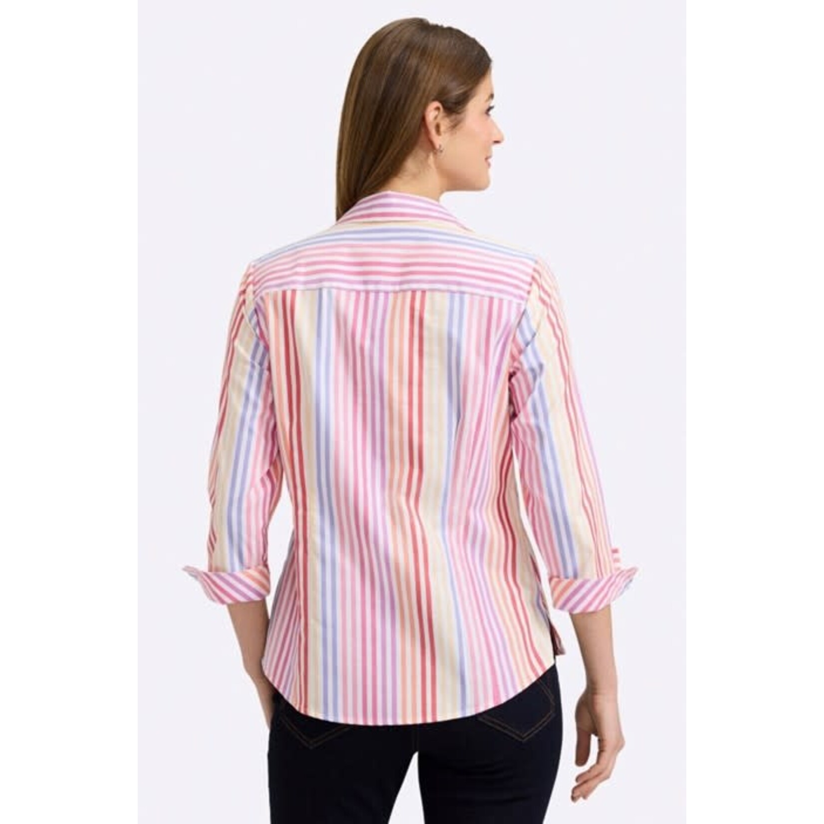 Foxcroft Taylor Pinpoint Ombré Stripe 3/4 Sleeve Shirt in Pink Multi