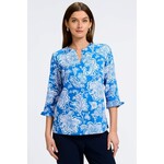 Foxcroft Vena Woodblock Floral 3/4 Sleeve Popover Shirt in Cobalt/White