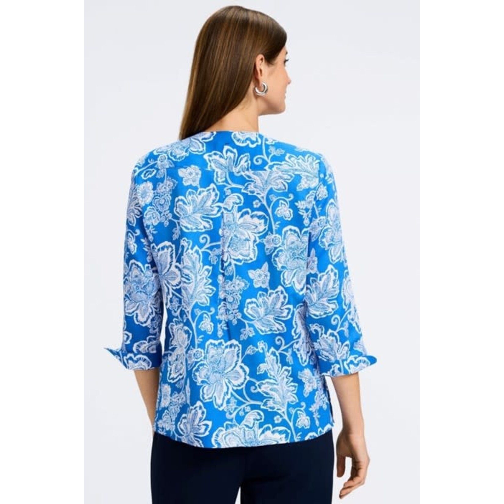 Foxcroft Vena Woodblock Floral 3/4 Sleeve Popover Shirt in Cobalt/White