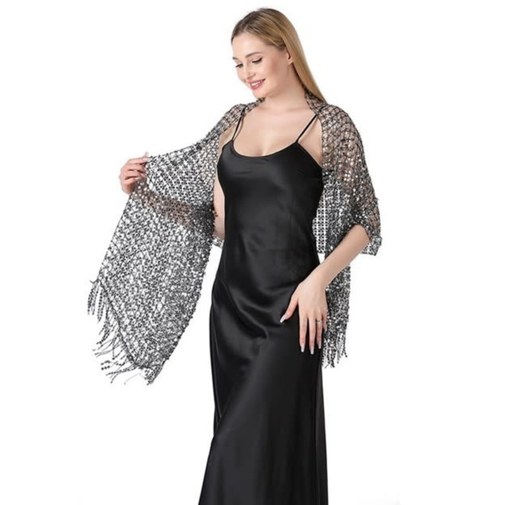 Dinner Sequin Embroidery Tassel Shawl Black 3