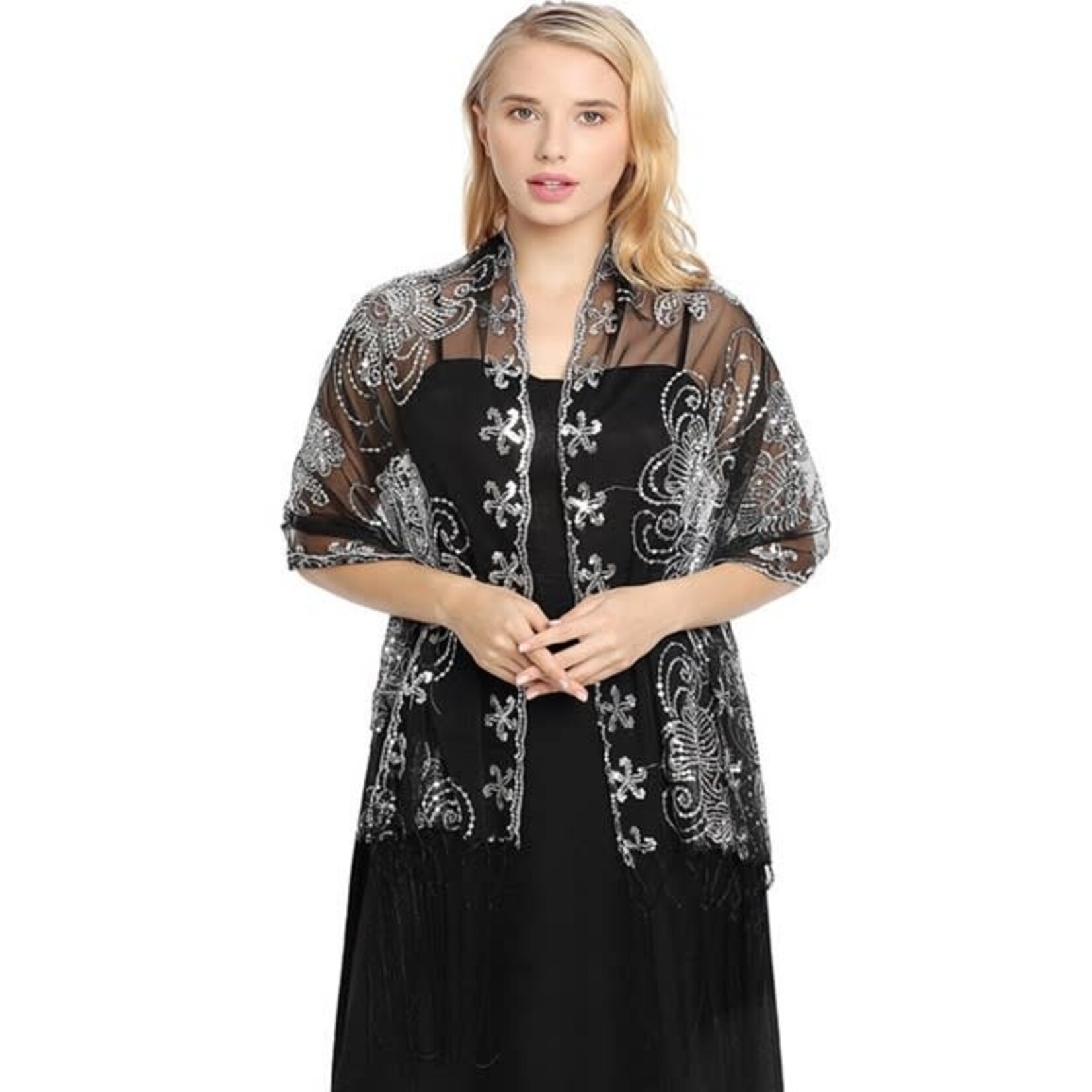 Dinner Style Embroidered Tassel Shawl  Black3