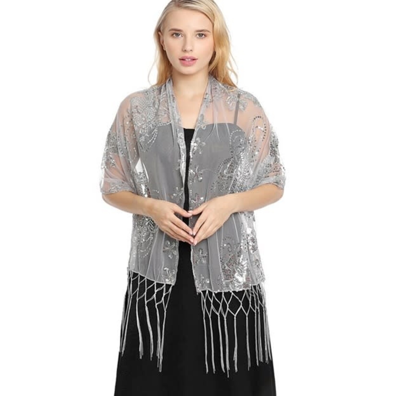 Dinner Style Embroidered Tassel Shawl  Grey