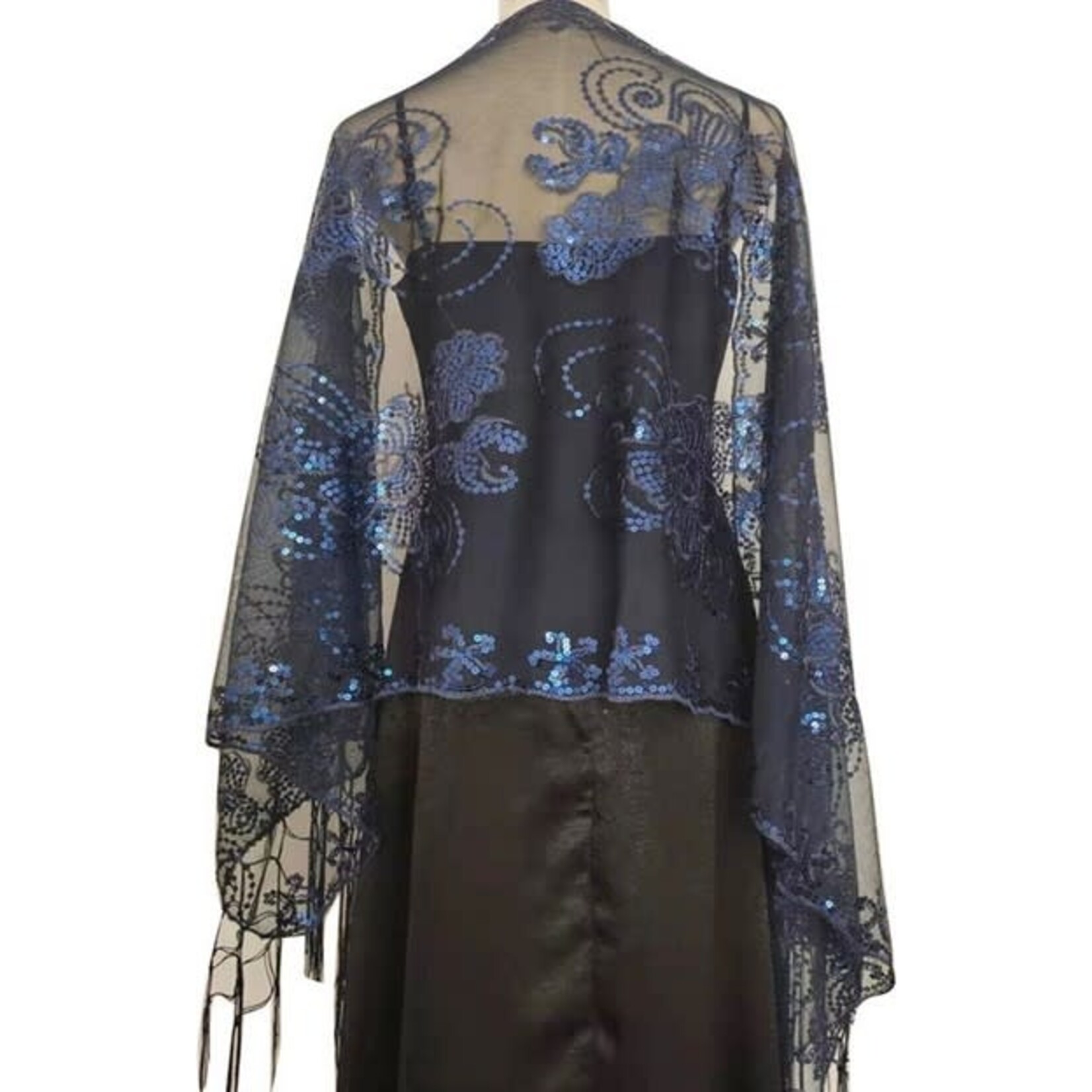 Dinner Style Embroidered Tassel Shawl  Navy