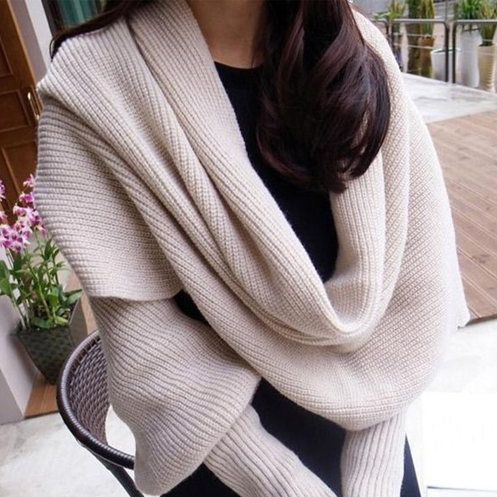 Elongated Neck Shawl w/Knitted Sleeves Scarf in Beige