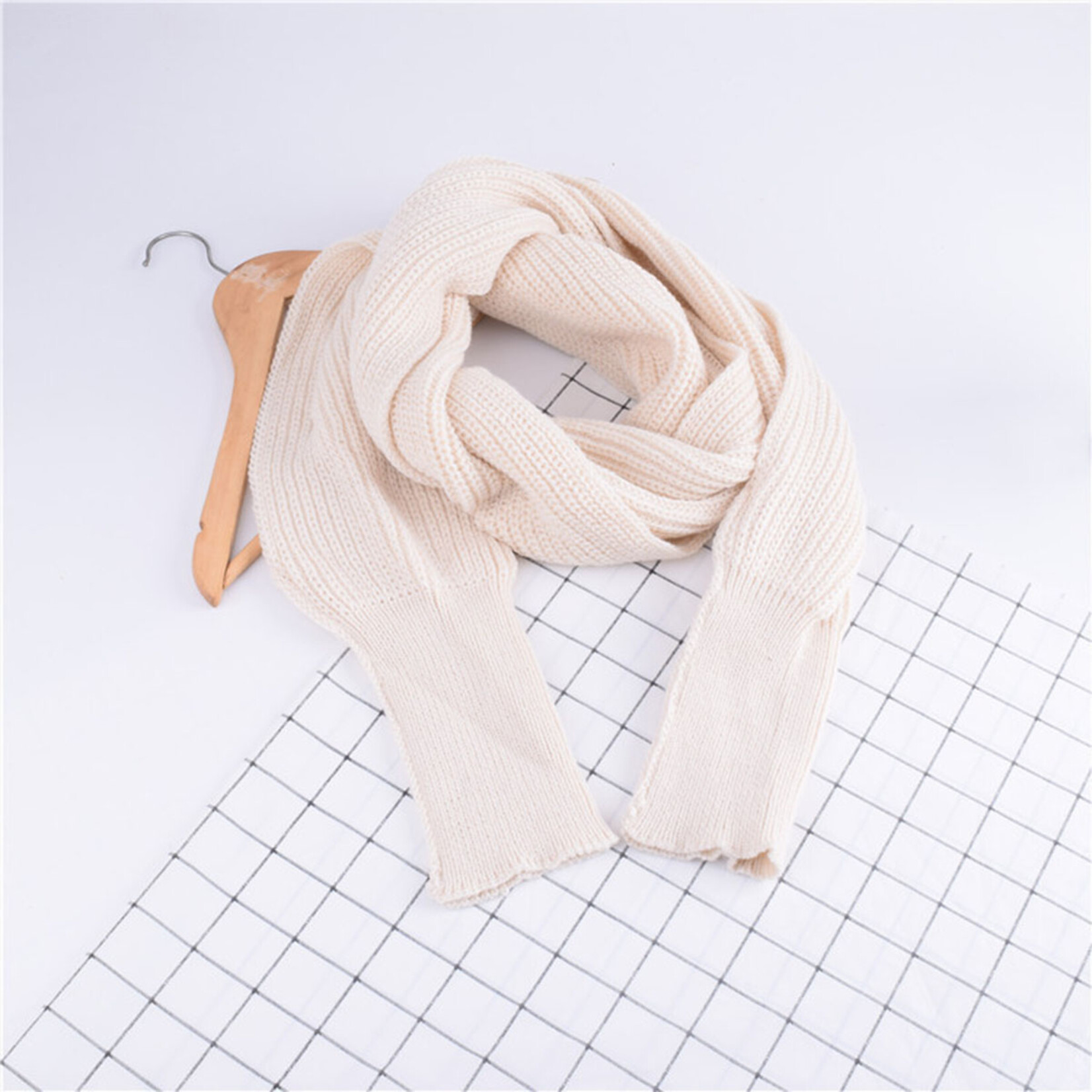 Elongated Neck Shawl w/Knitted Sleeves Scarf in Beige