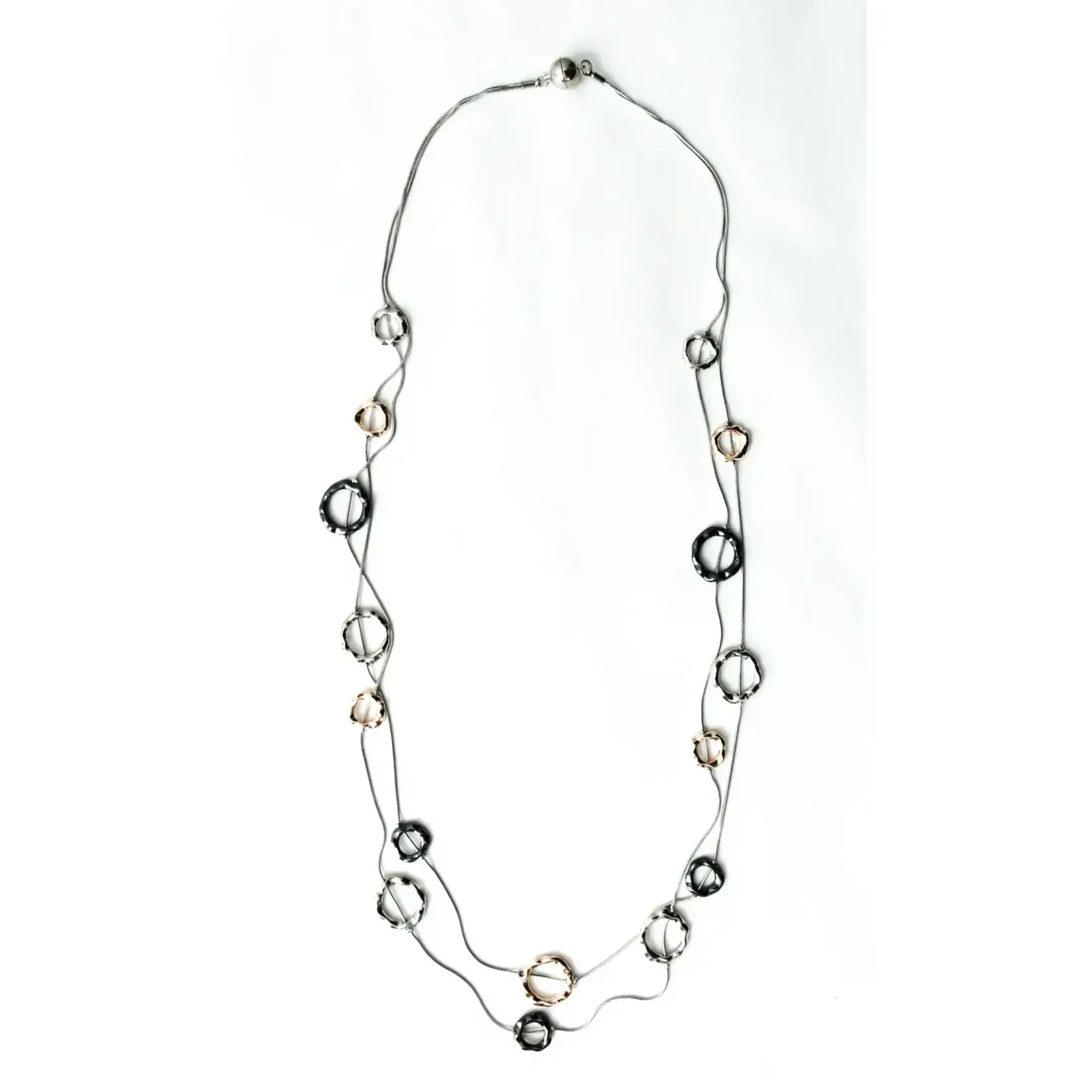 Sea Lily Long Steel Necklace with Bronze, Silver, and Slate Rings