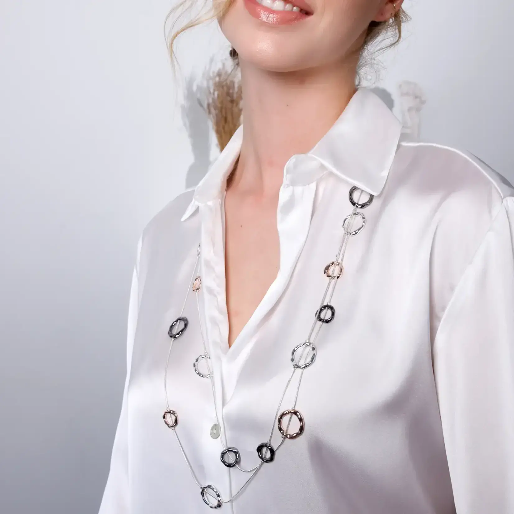 Sea Lily Long Steel Necklace with Bronze, Silver, and Slate Rings
