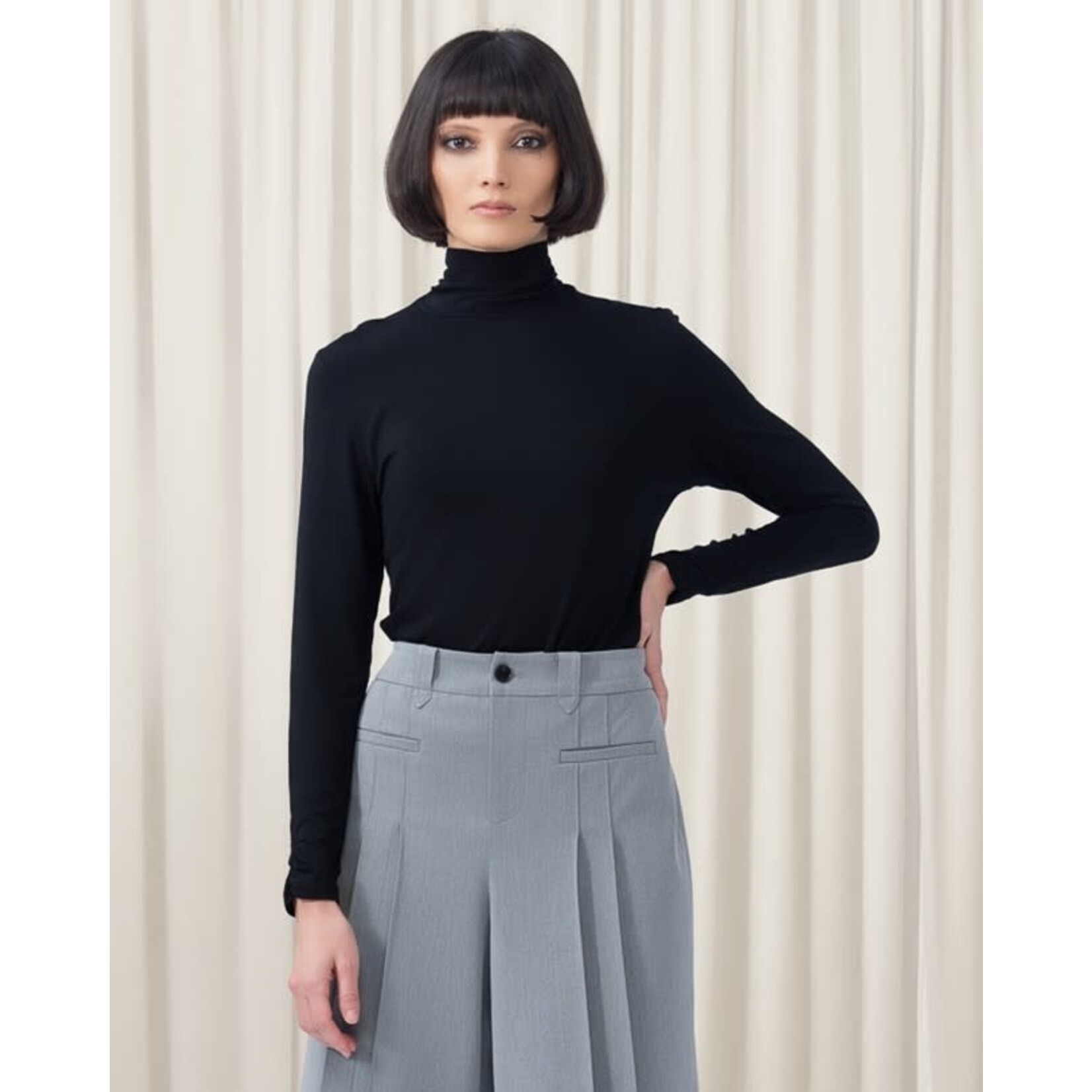 Elena Wang Ruched Wrist Turtleneck in Black