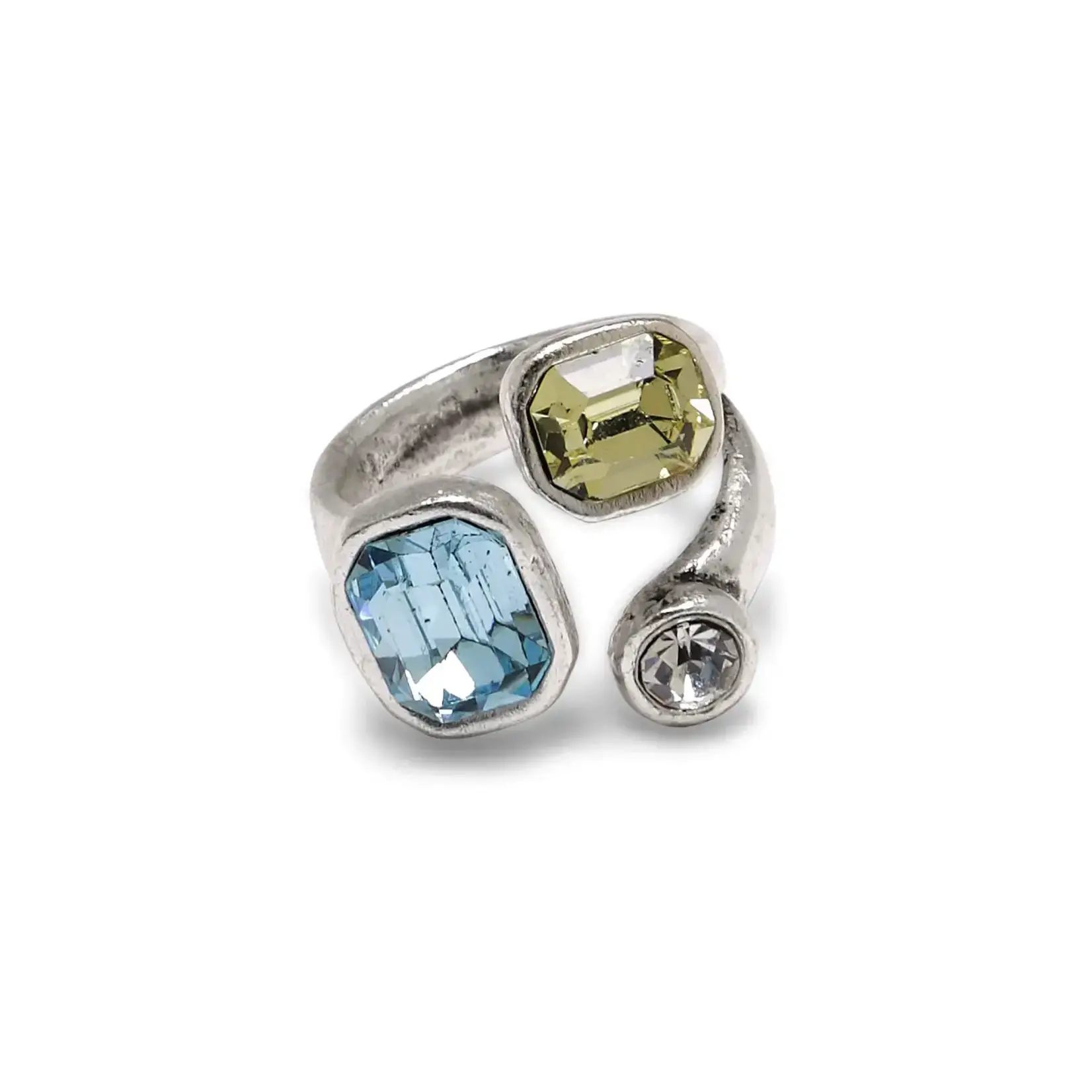Chanour Handmade Brass/Slvr Plated Ring w/Yellow & Blue Crystals